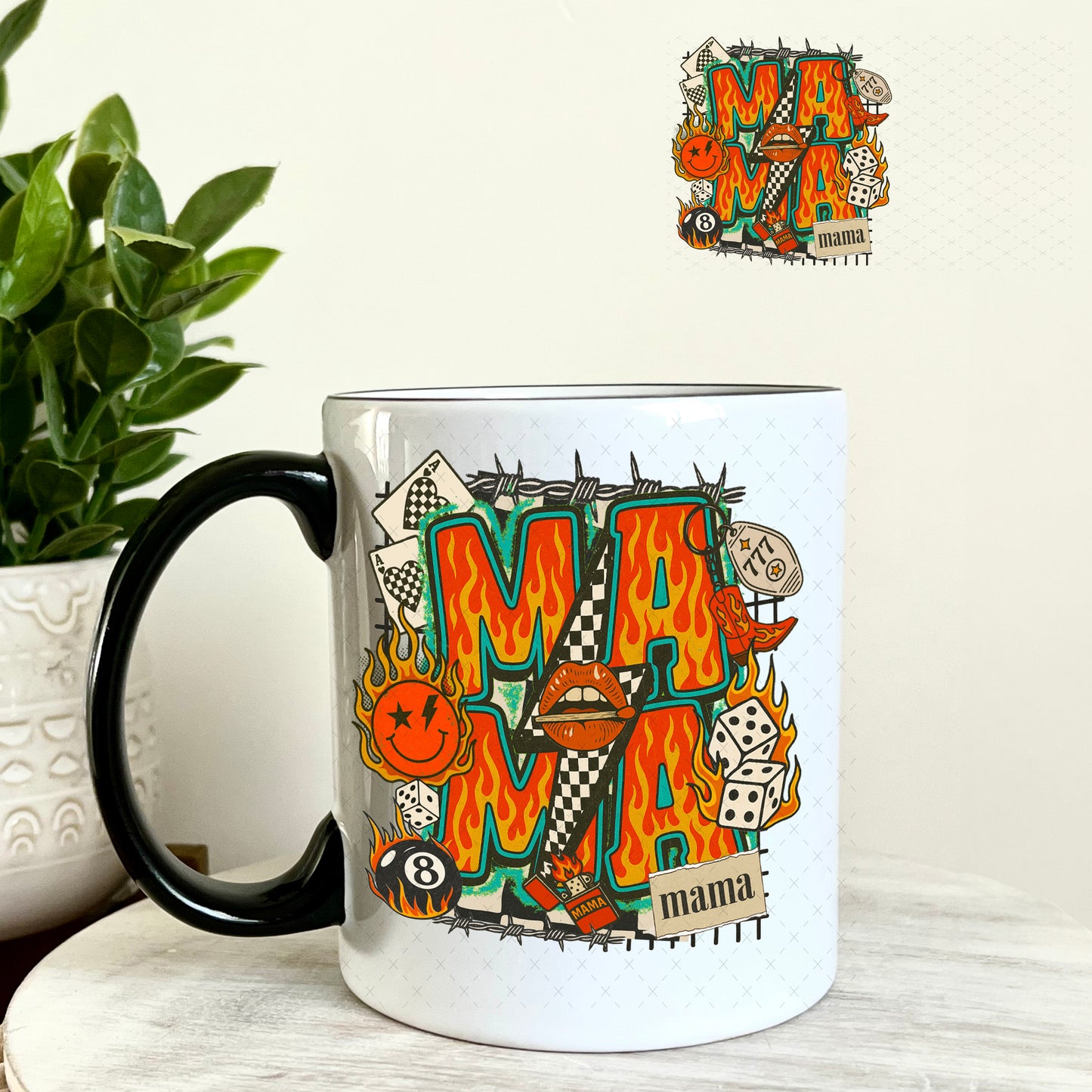 UV DTF Decal - Fire Flames Mama stacked 11oz Coffee Mug Weefers