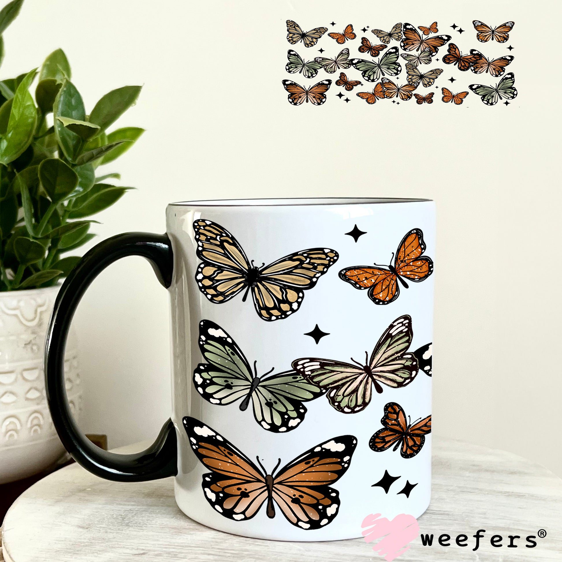UV DTF Cup Wrap – Butterflies Green and Rust 11oz Coffee Mug Weefers