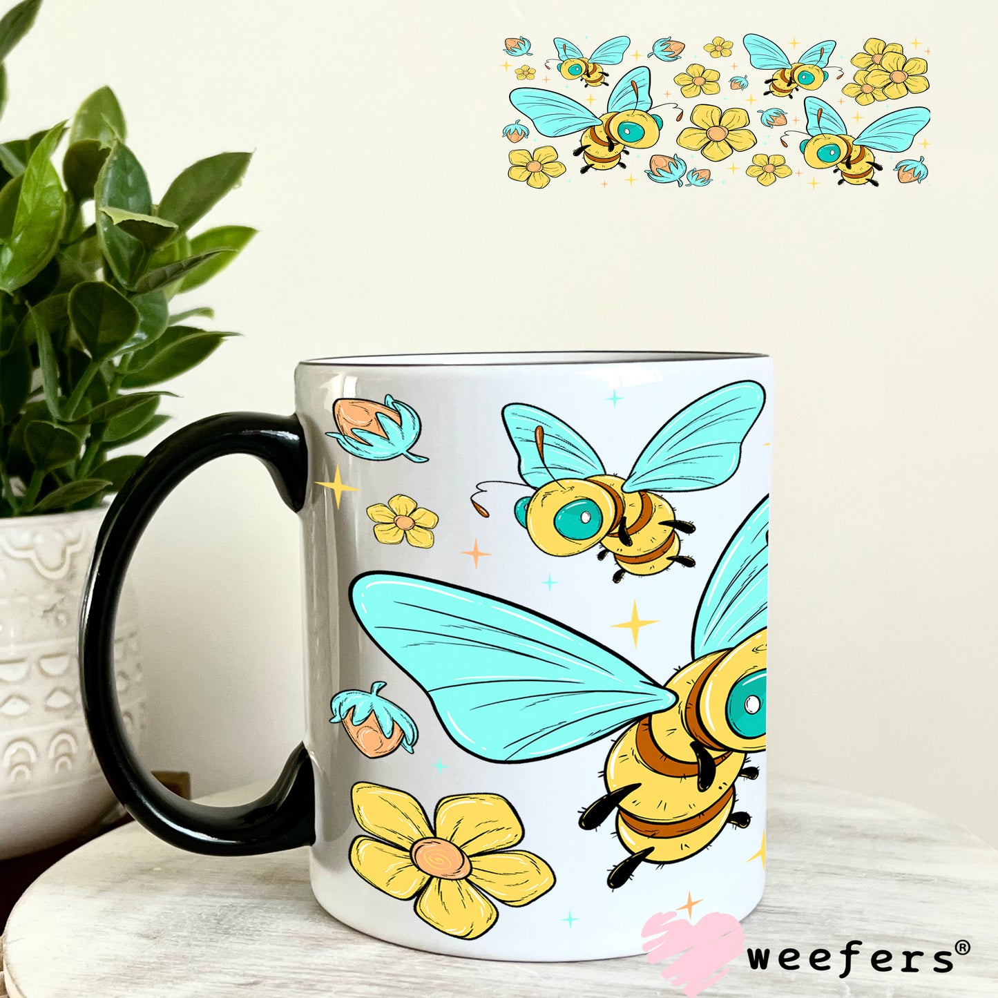 UV DTF Cup Wrap – Whimsical Teal and Yellow Bees 11oz Coffee Mug Weefers