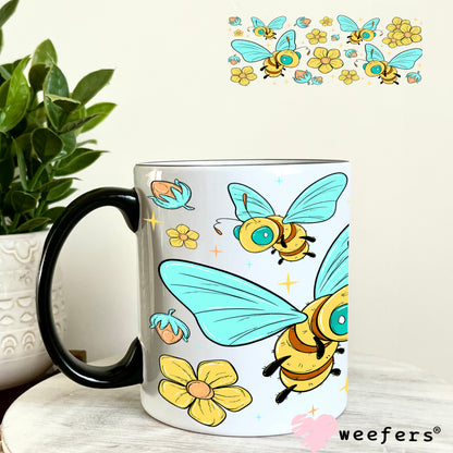 UV DTF Cup Wrap – Whimsical Teal and Yellow Bees 11oz Coffee Mug Weefers