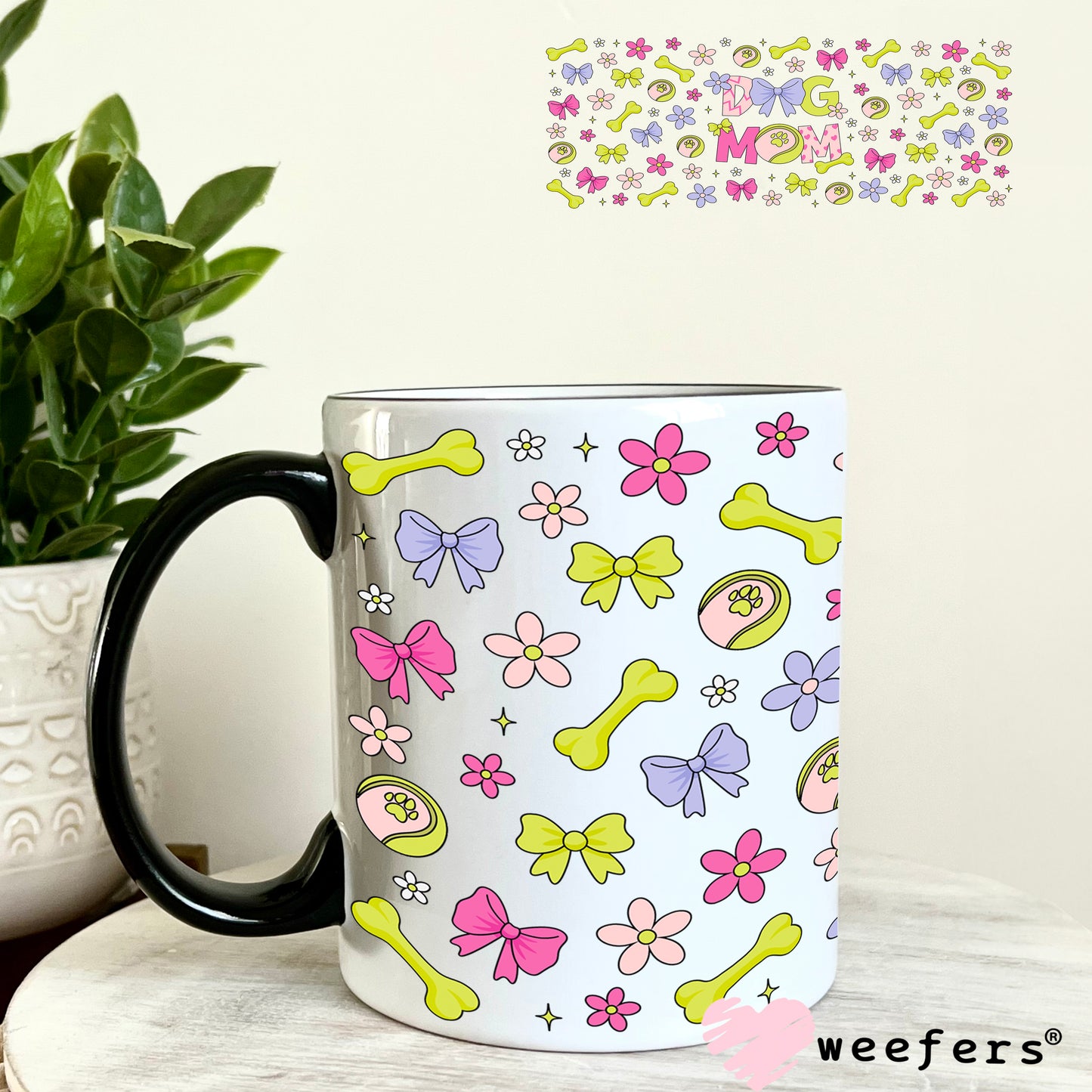 UV DTF Cup Wrap – Dog Mom Green and Fuchsia 11oz Coffee Mug Weefers