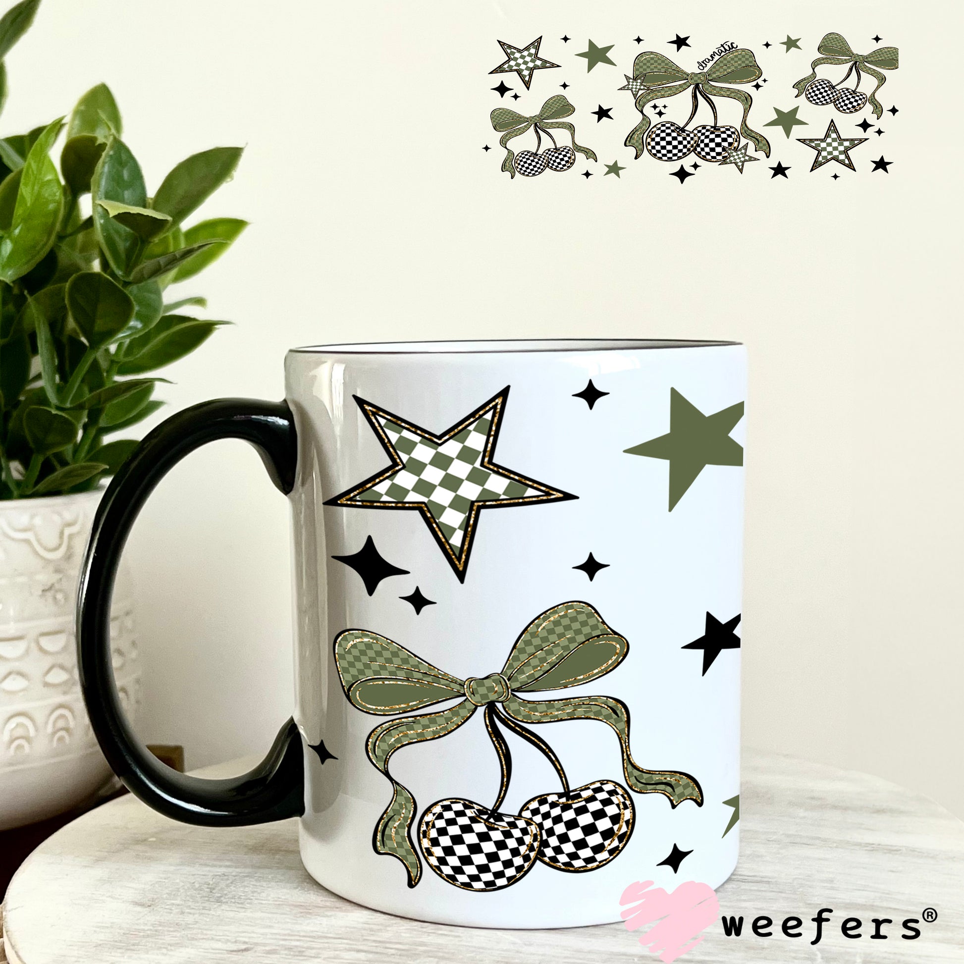 UV DTF Cup Wrap – Camouflage and Checkered Cherries 11oz Coffee Mug Weefers