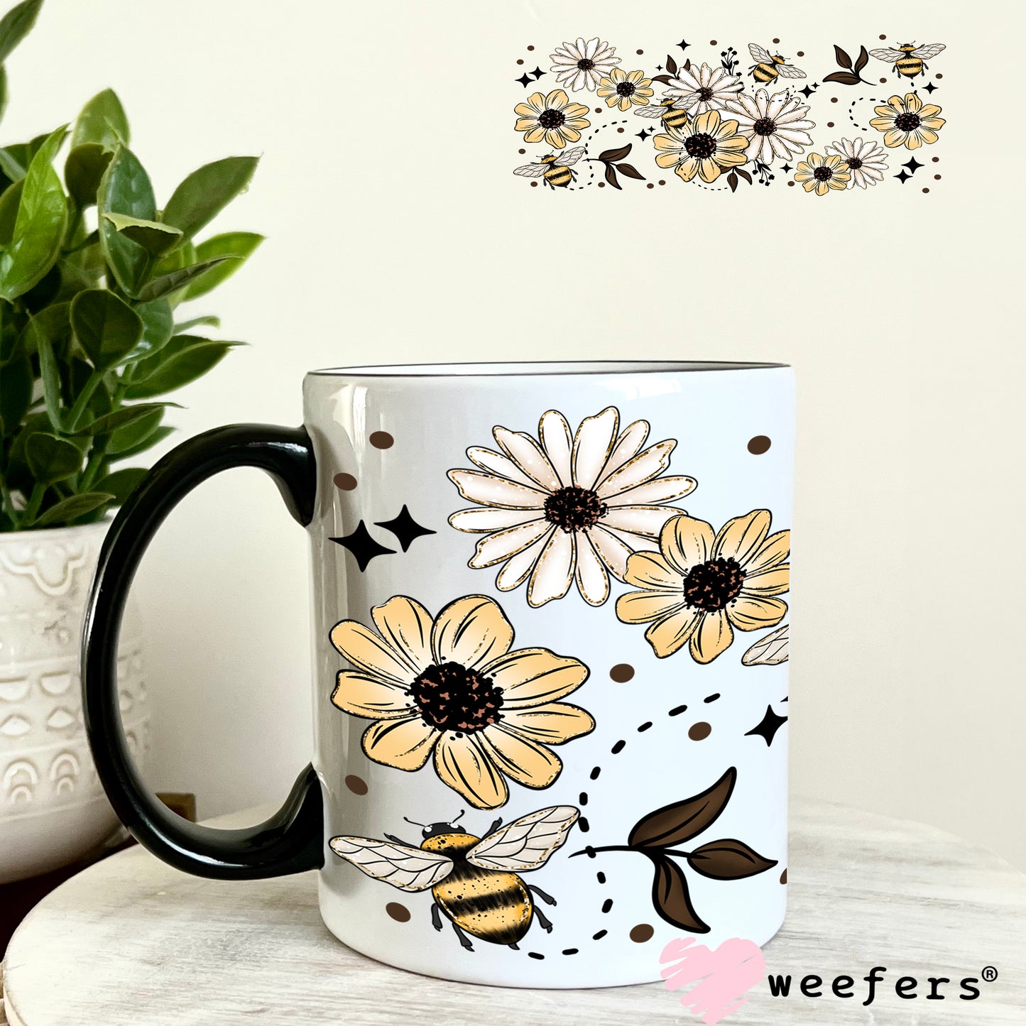 UV DTF Cup Wrap – White and Lemon Yellow Flowers 11oz Coffee Mug Weefers