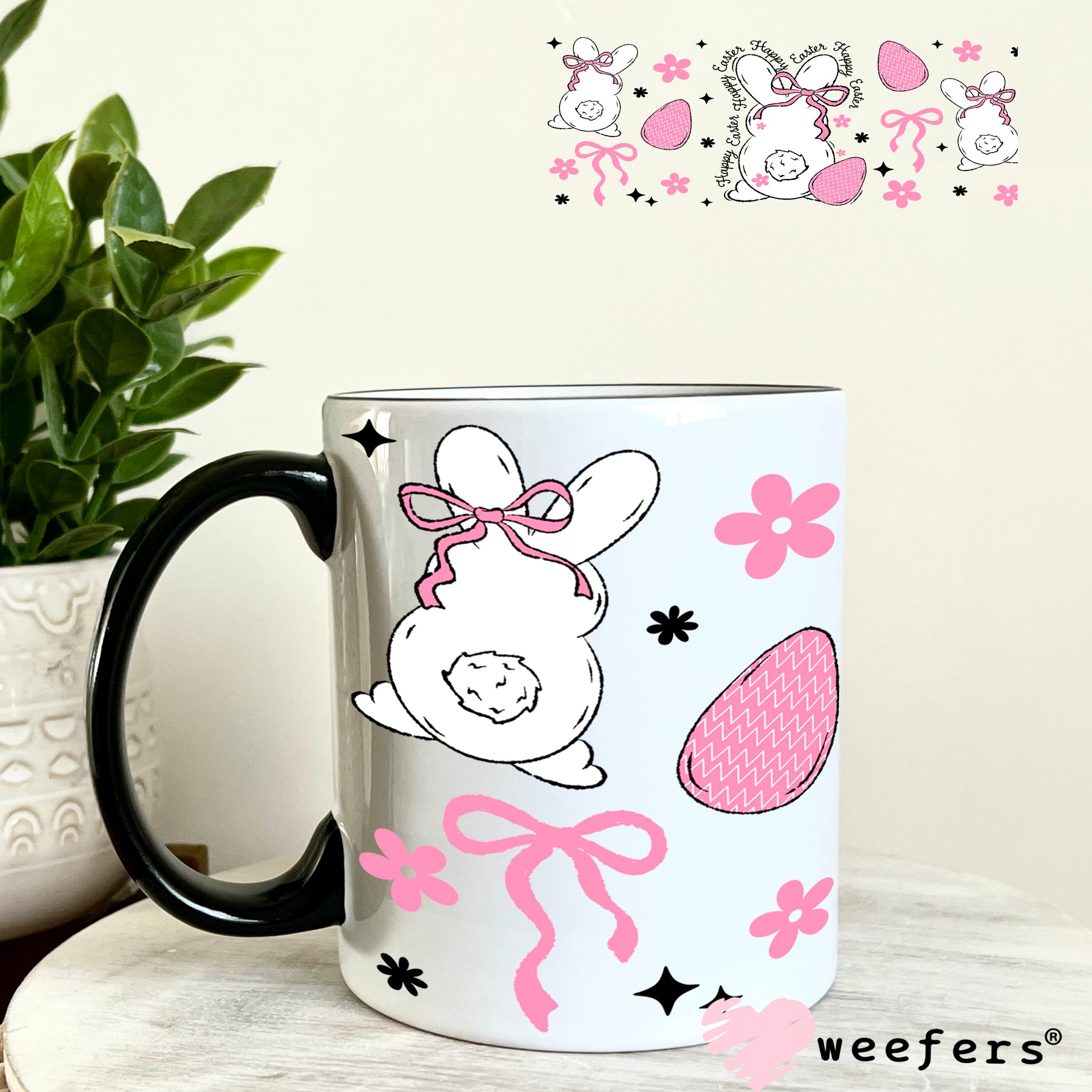 UV DTF Cup Wrap – Happy Easter Bunny Pink and White 11oz Coffee Mug Weefers