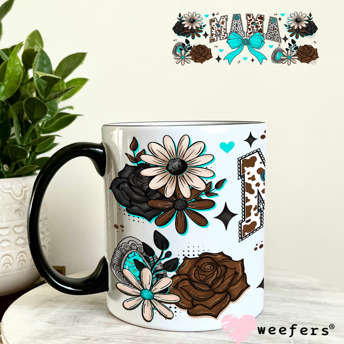 UV DTF Cup Wrap – Western Mama Teal and Brown 11oz Coffee Mug Weefers