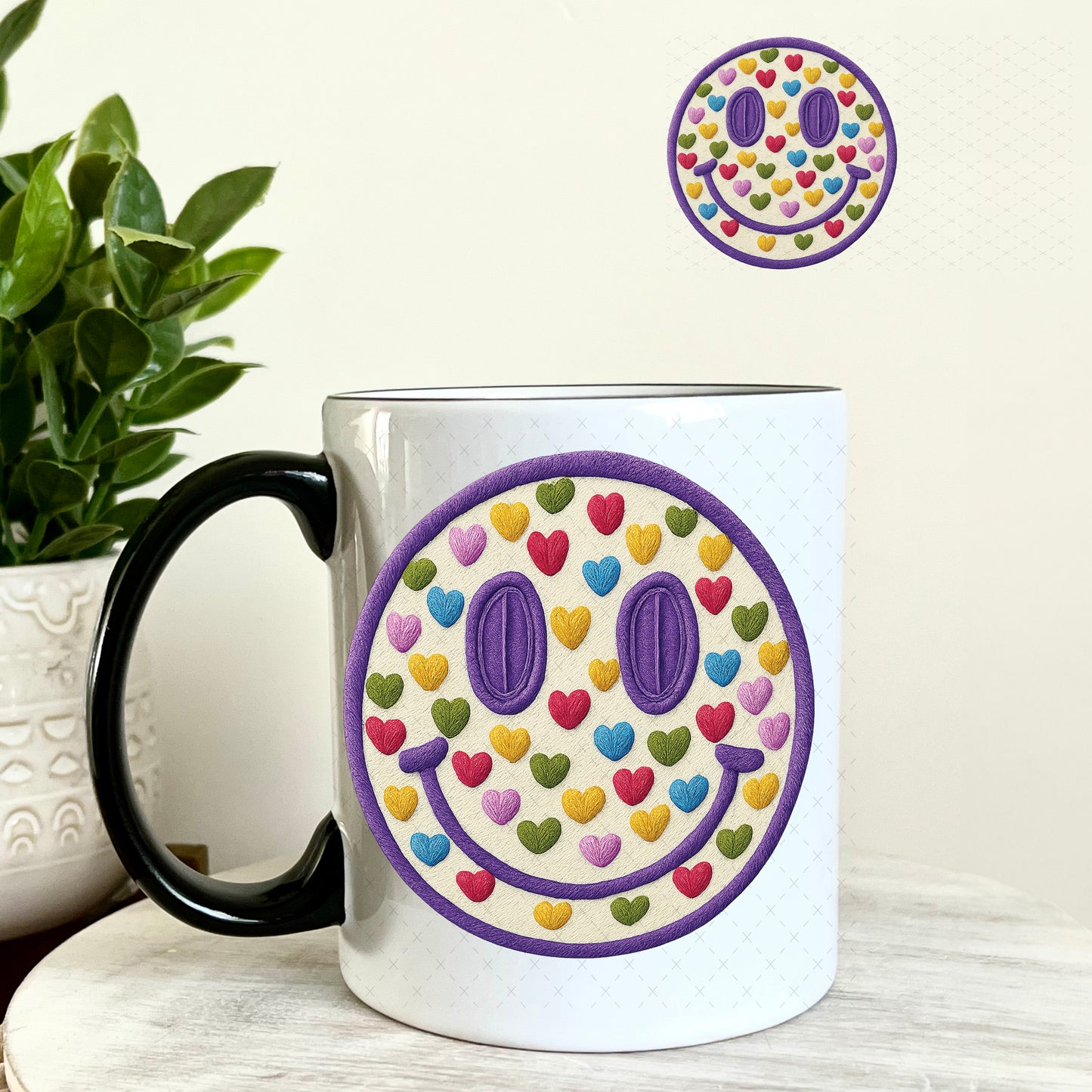 UV DTF Decal - Smiley Face Purple and Colored Hearts 11oz Coffee Mug Weefers