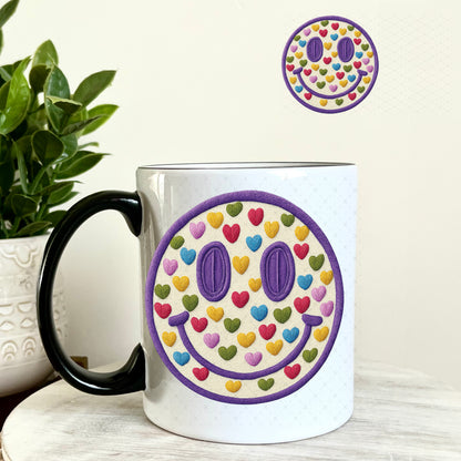 UV DTF Decal - Smiley Face Purple and Colored Hearts 11oz Coffee Mug Weefers