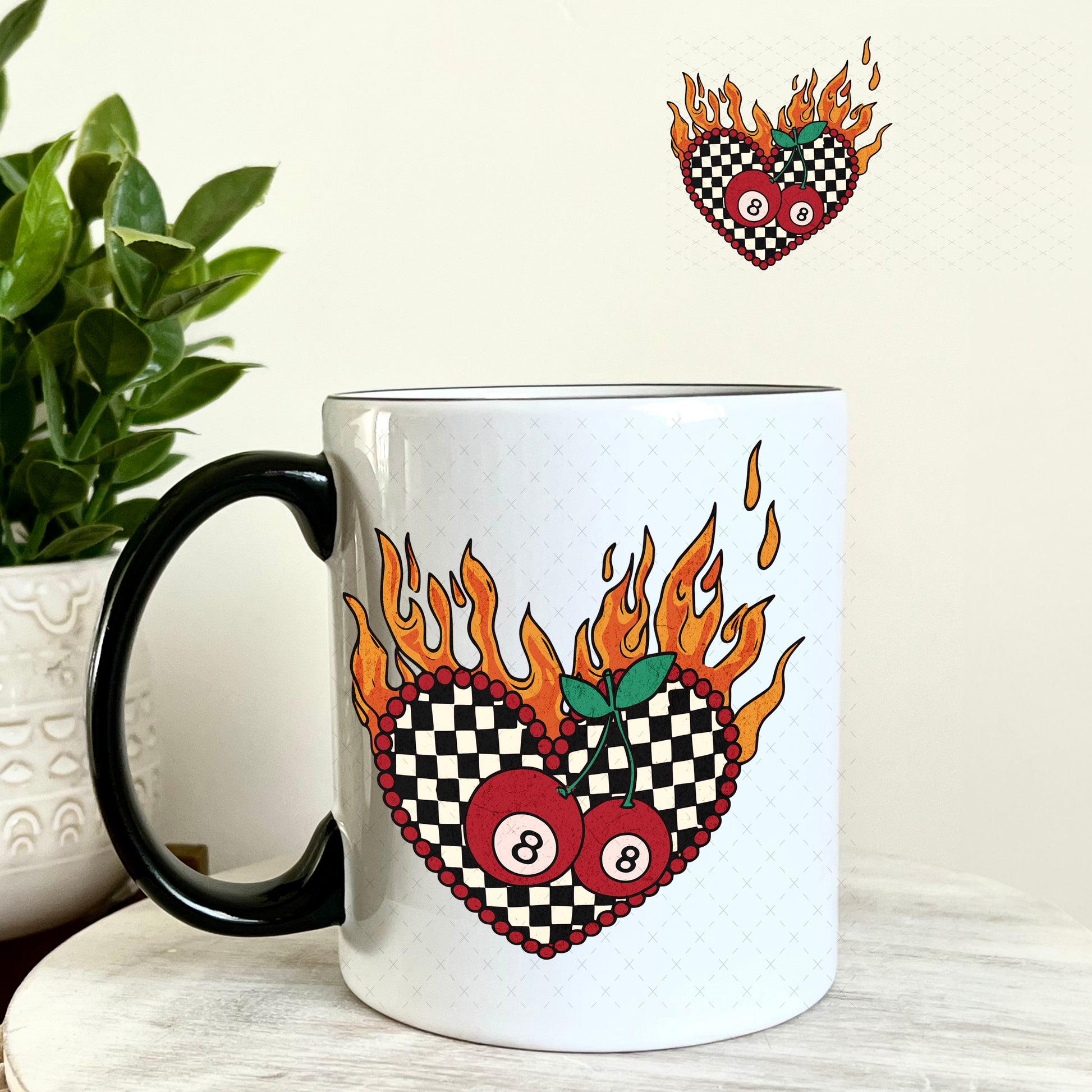 UV DTF Decal - Fire Heart Eight Balls 11oz Coffee Mug Weefers