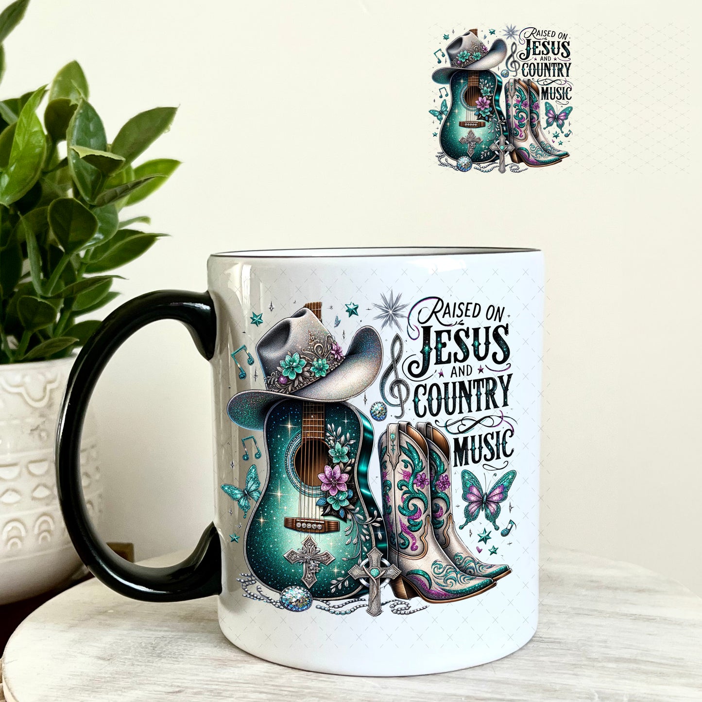 UV DTF Decal - Raised on Jesus and Country Music 11oz Coffee Mug Weefers