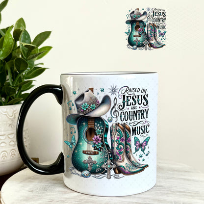 UV DTF Decal - Raised on Jesus and Country Music 11oz Coffee Mug Weefers