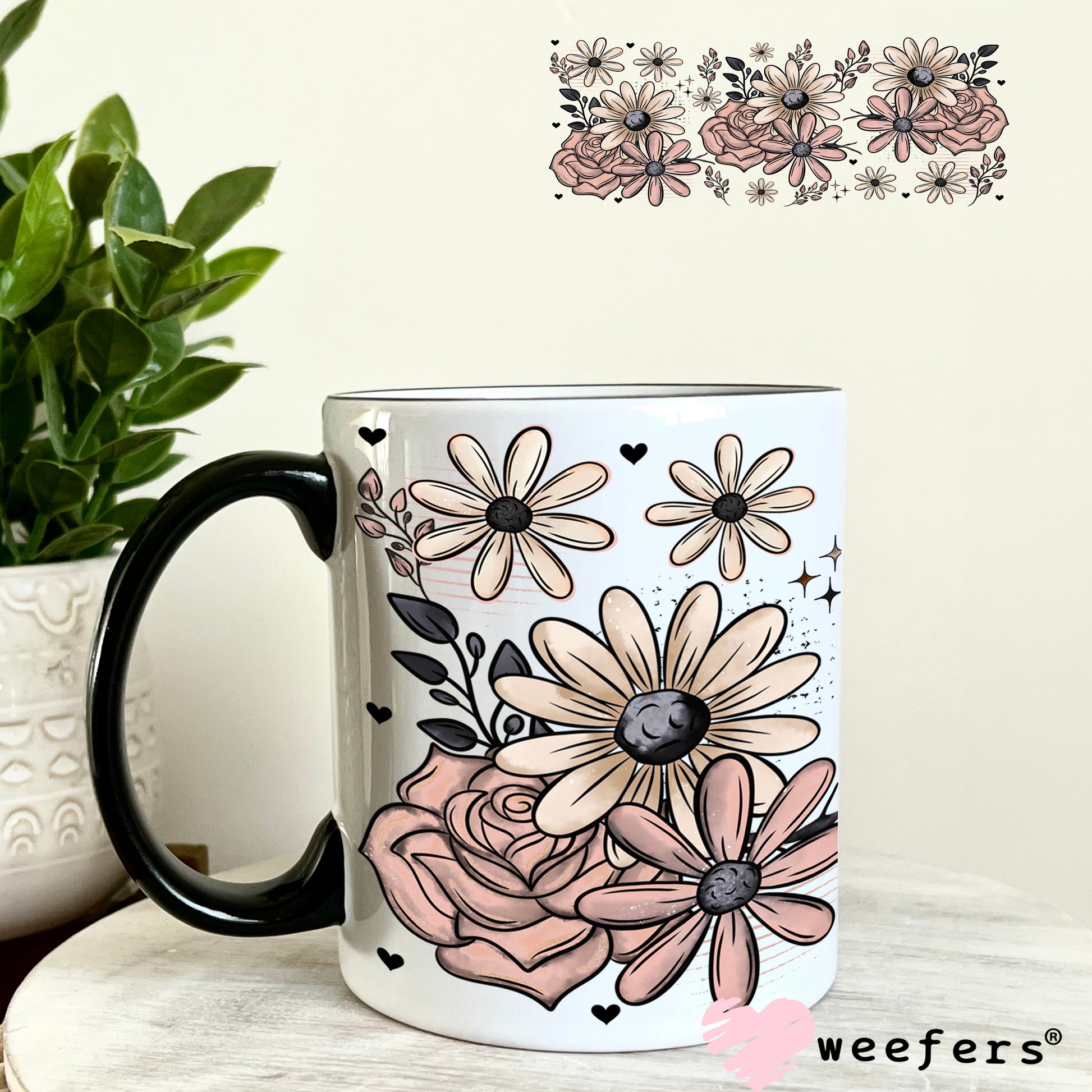 UV DTF Cup Wrap – Mauve and Sand Daisy Flowers 11oz Coffee Mug Weefers