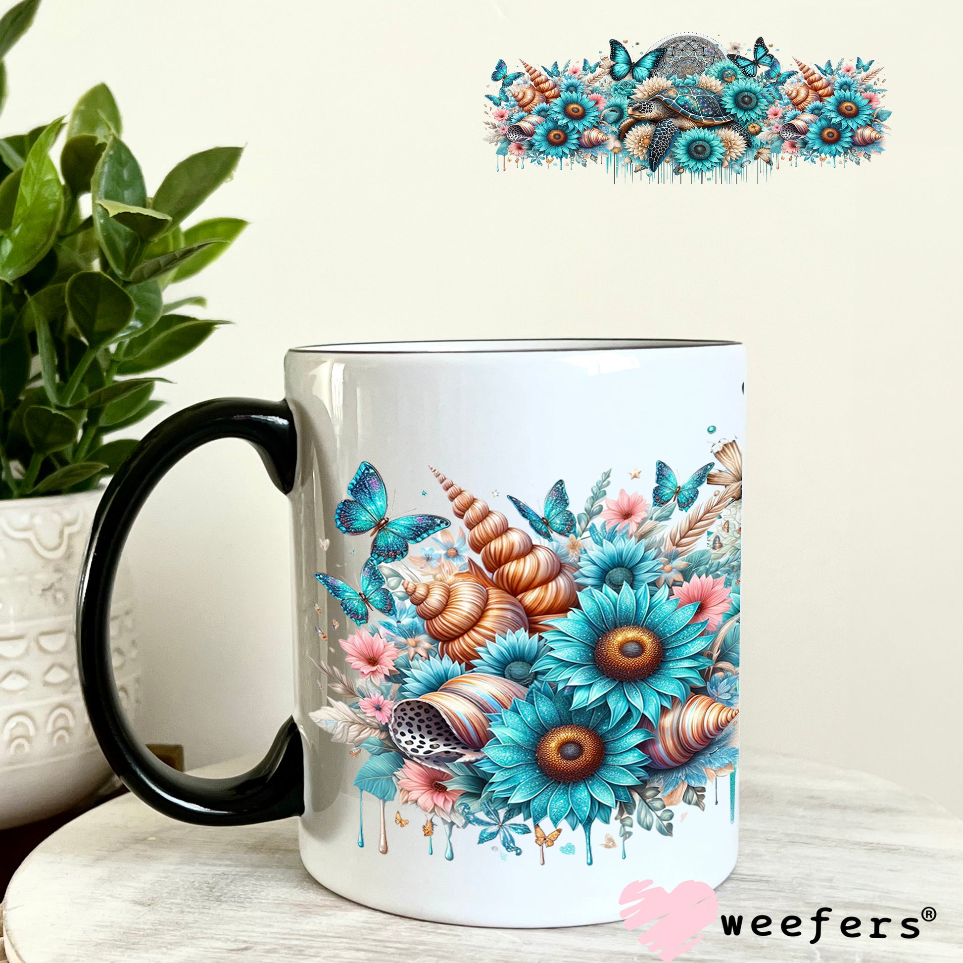 UV DTF Cup Wrap – Blue Turtle and Sunflowers 11oz Coffee Mug Weefers