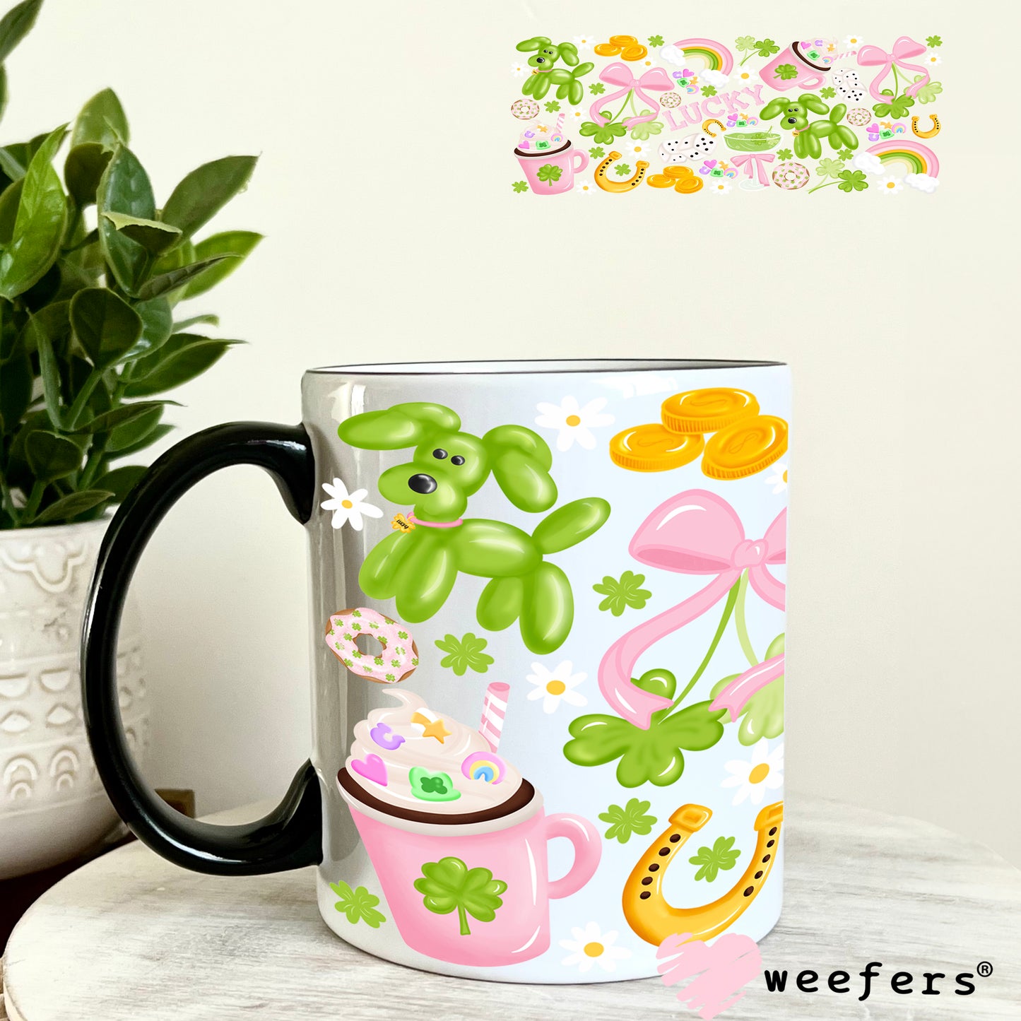 UV DTF Cup Wrap – Lucky Green and Pink Balloon Dog 11oz Coffee Mug Weefers