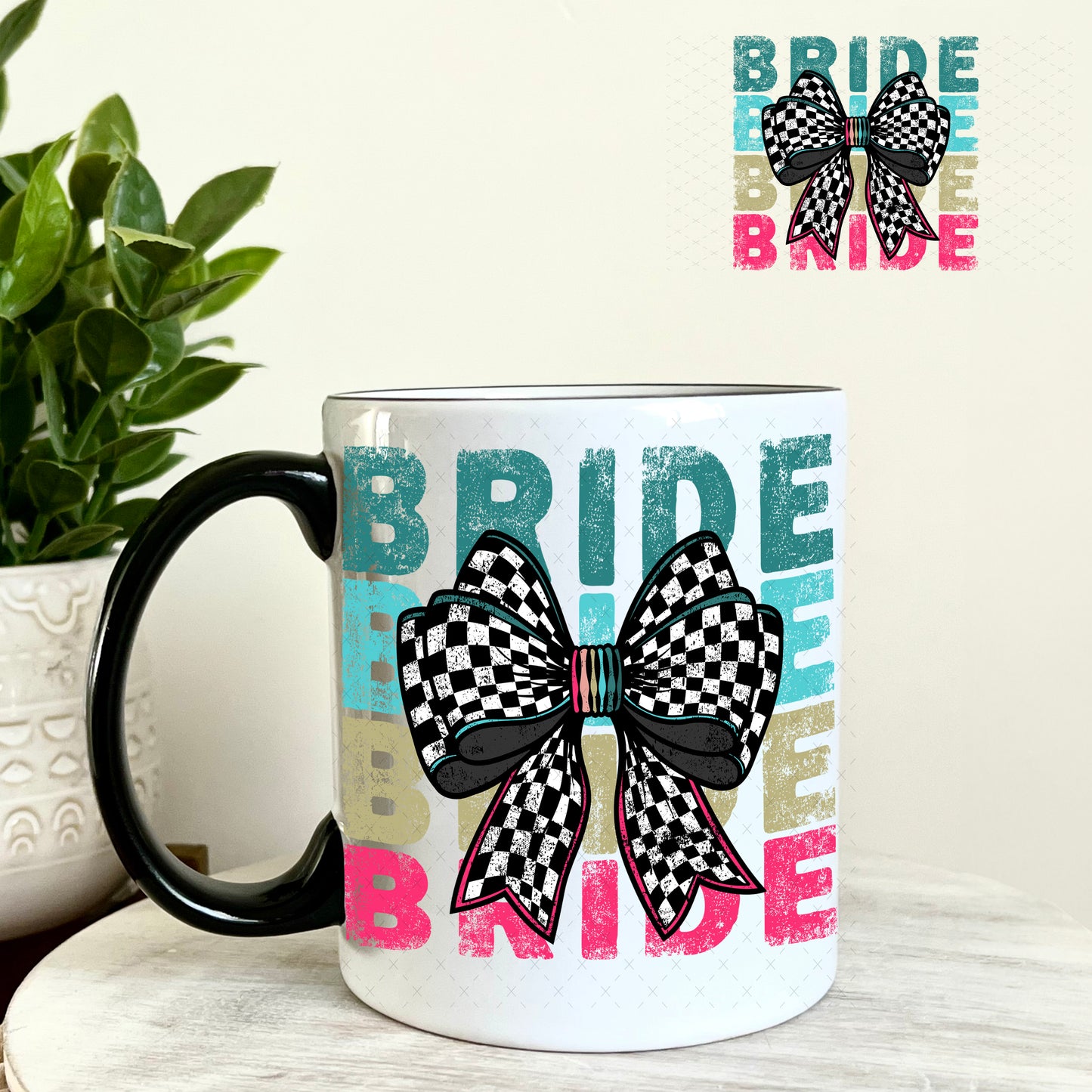 UV DTF Decal - Bride Checkered Bow Black and White 11oz Coffee Mug Weefers