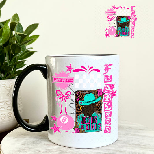 UV DTF Decal - Jesus is King Teal and Hot Pink 11oz Coffee Mug Weefers