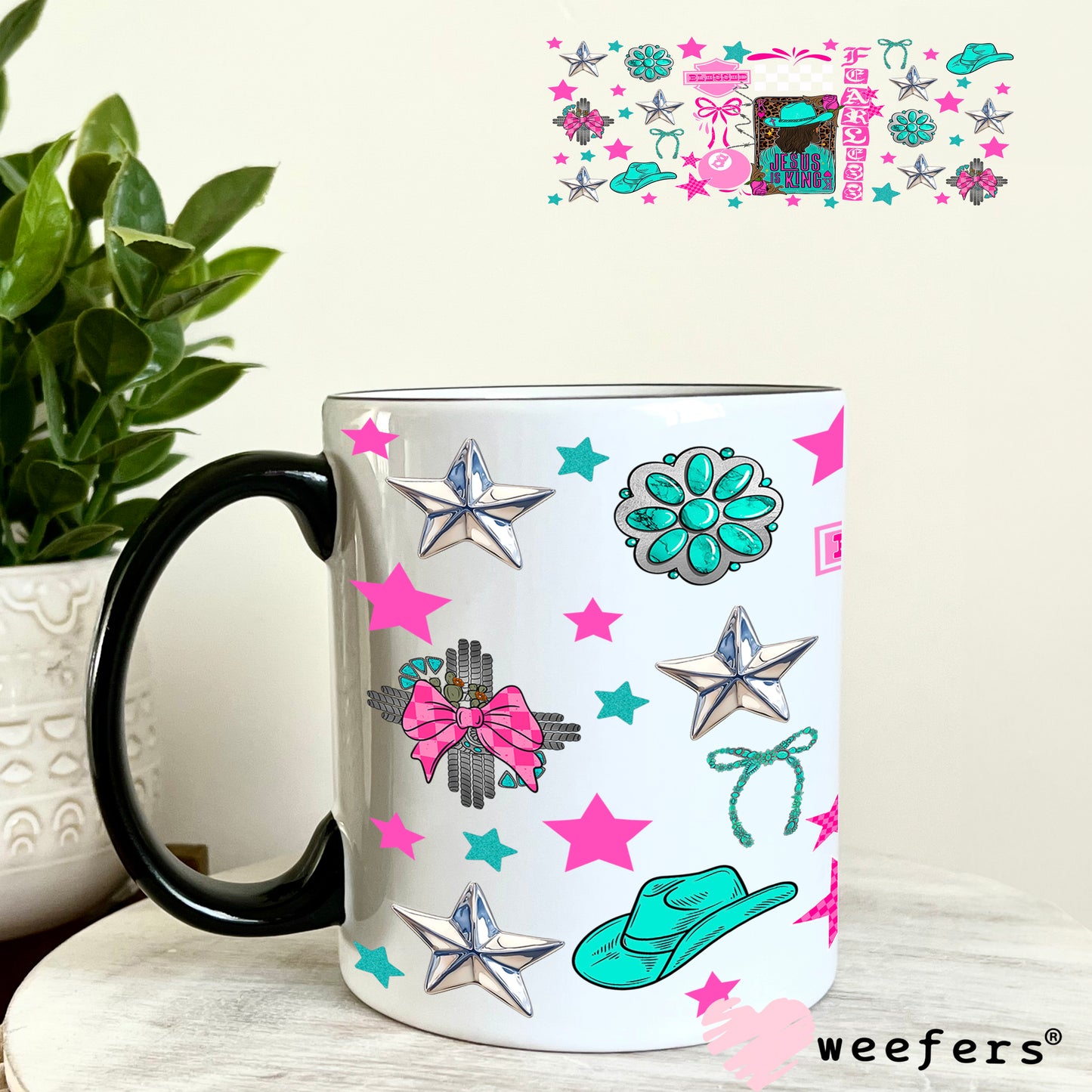 UV DTF Cup Wrap – Jesus is King Teal and Hot Pink - Weefers Exclusive 11oz Coffee Mug Weefers