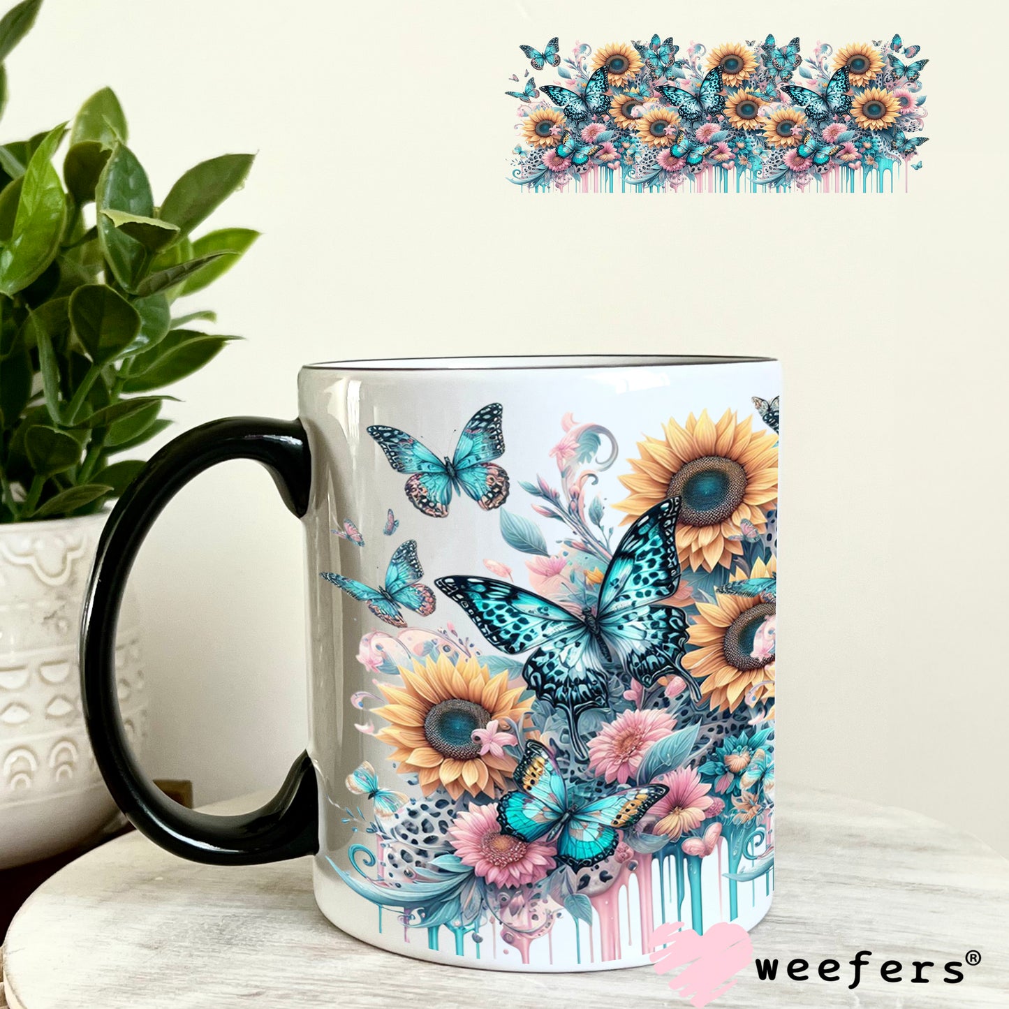 UV DTF Cup Wrap – Teal Pink Butterflies and Sunflowers