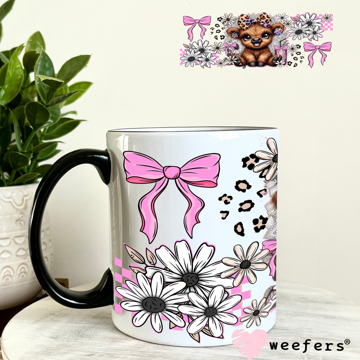 UV DTF Cup Wrap – Highlander Cow and Pink Bows 11oz Coffee Mug Weefers