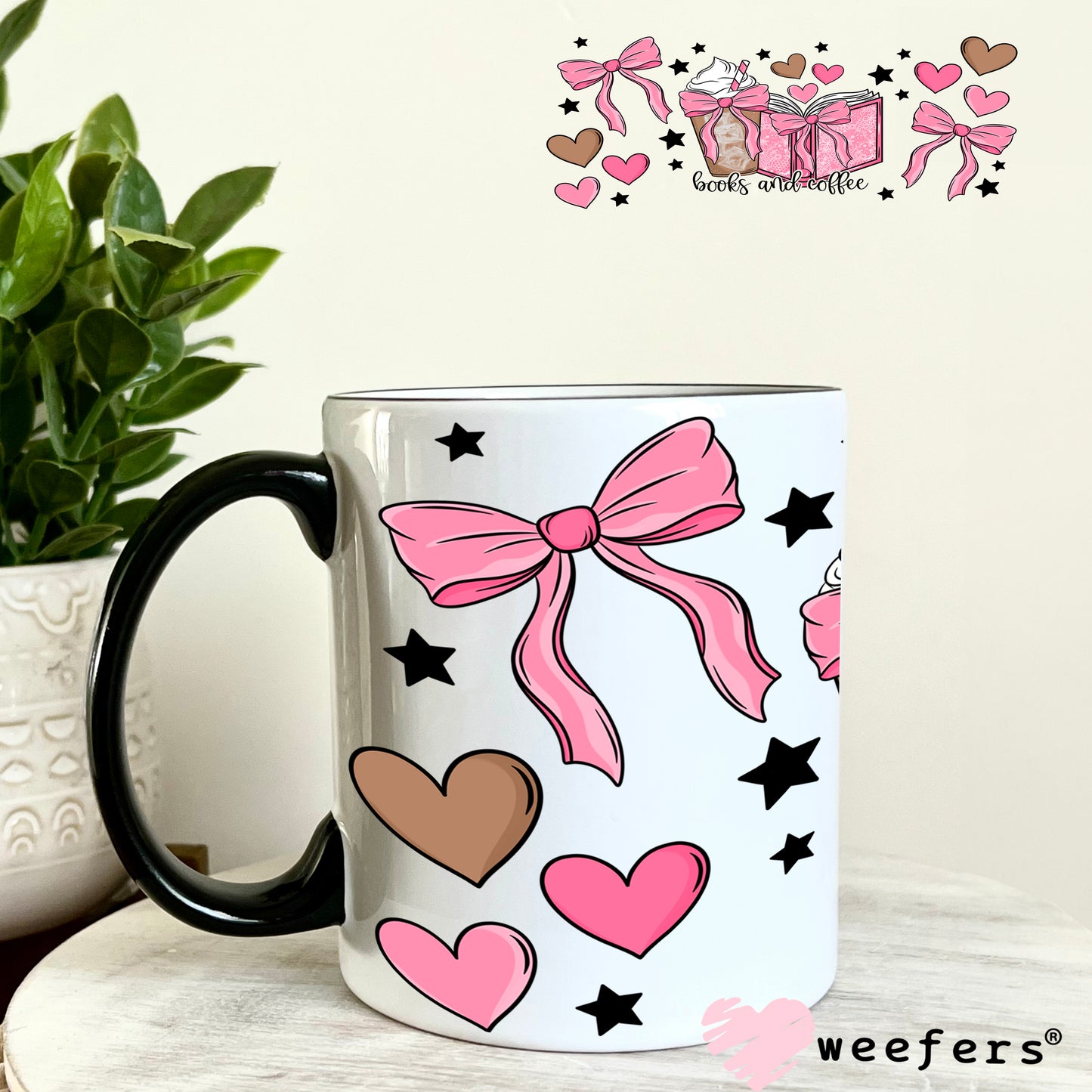 UV DTF Cup Wrap – Books and Coffee Pink and Brown 11oz Coffee Mug Weefers