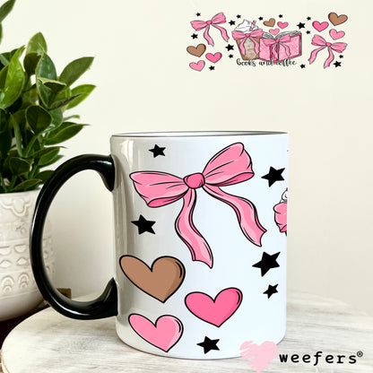 UV DTF Cup Wrap – Books and Coffee Pink and Brown 11oz Coffee Mug Weefers