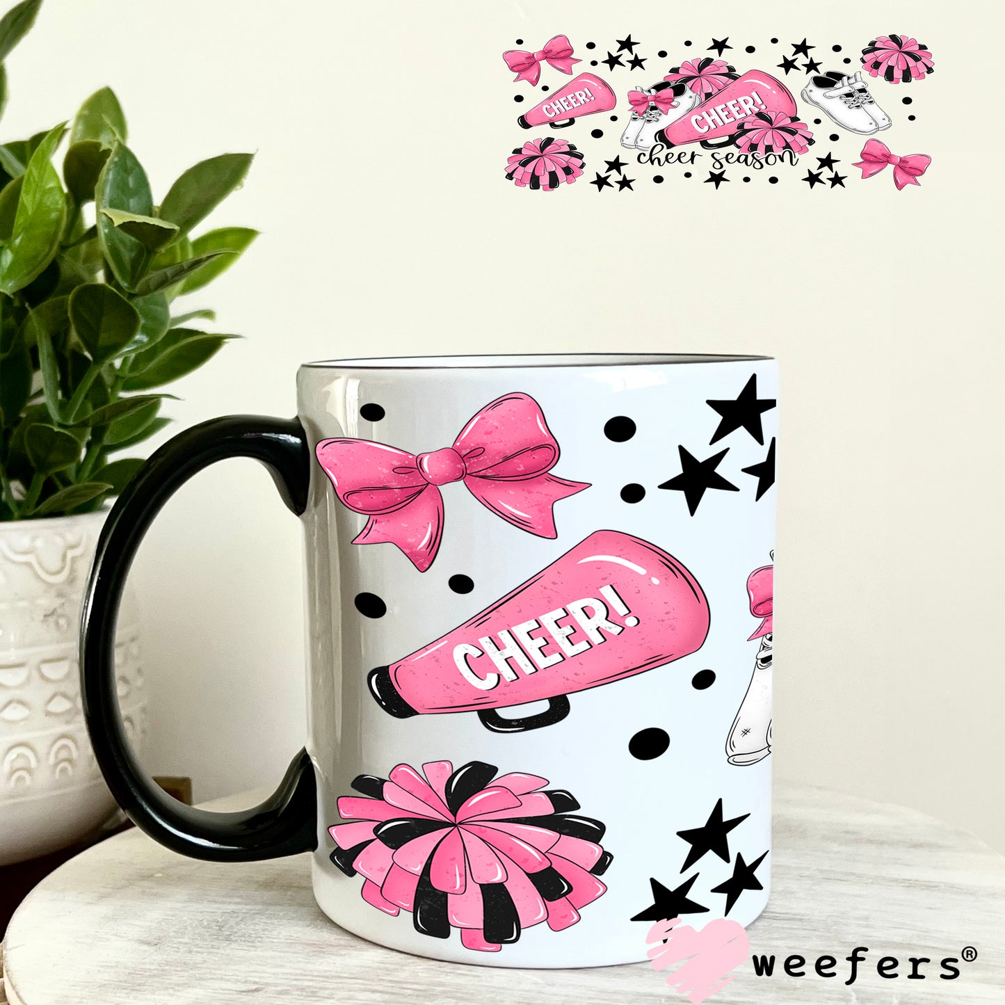 UV DTF Cup Wrap – Cheer Pink Black and White 11oz Coffee Mug Weefers