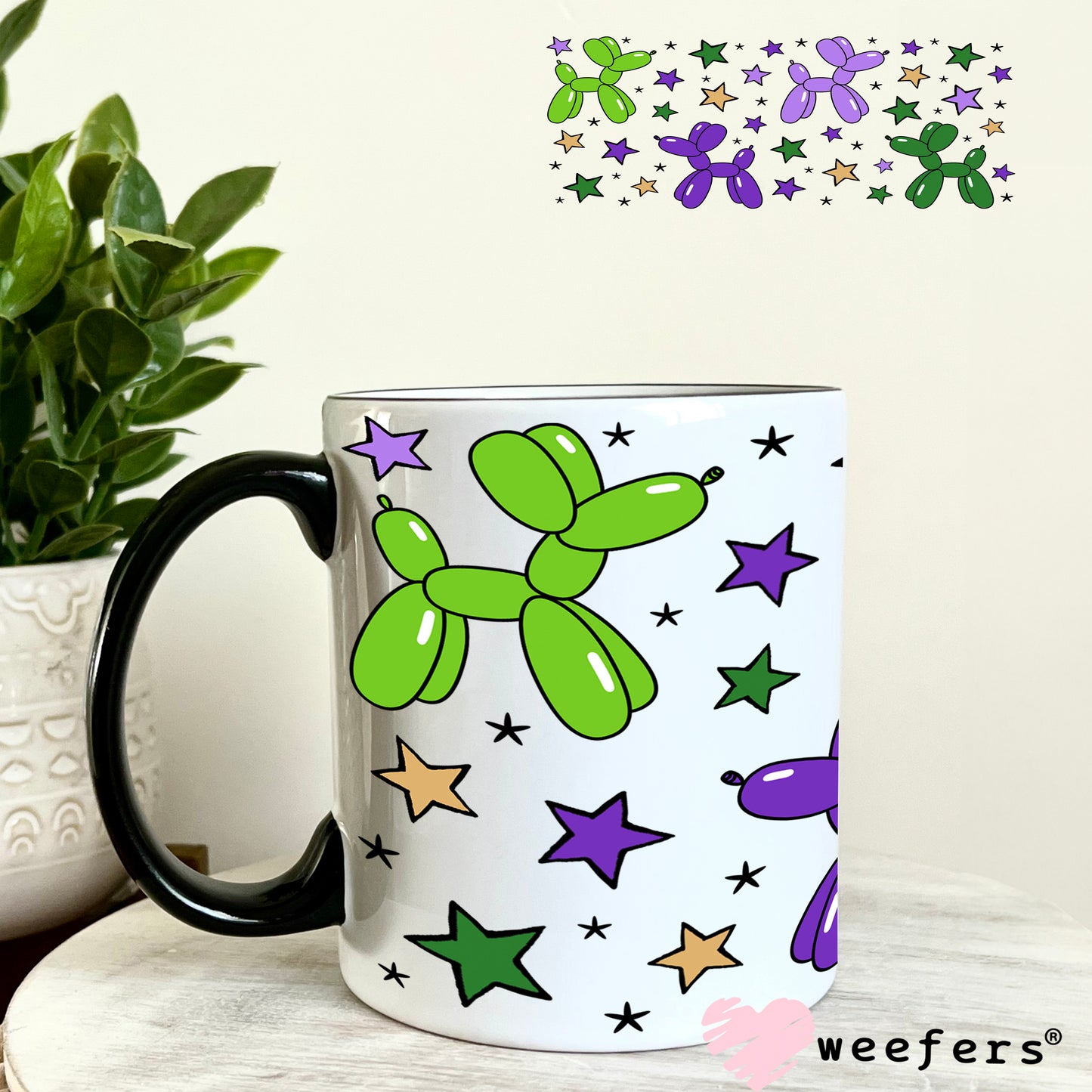 UV DTF Cup Wrap – Mardi Gras Balloon Dogs 11oz Coffee Mug Weefers