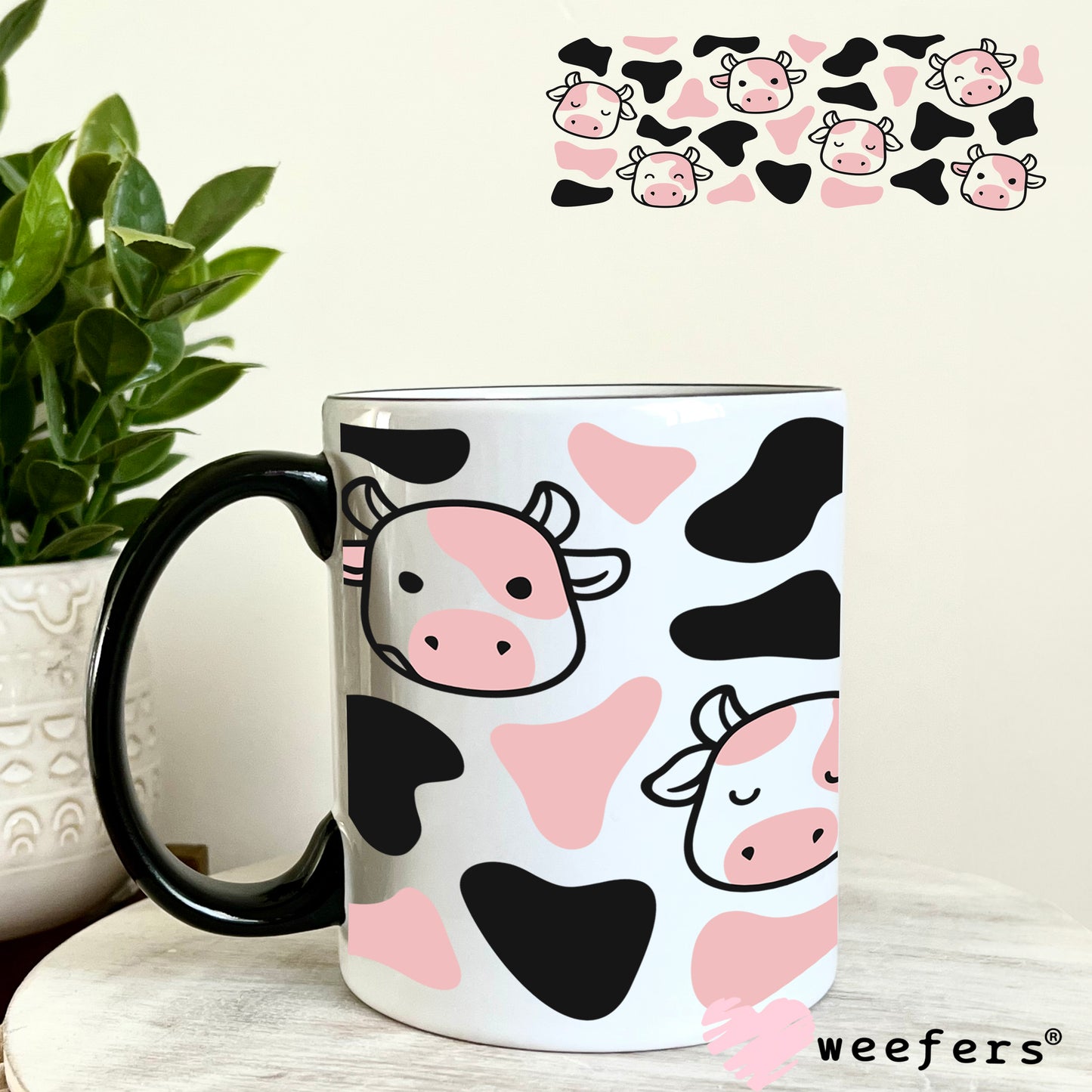 Pink and Black Cow Faces Print UV DTF Cup Wrap 11oz Coffee Mug Weefers