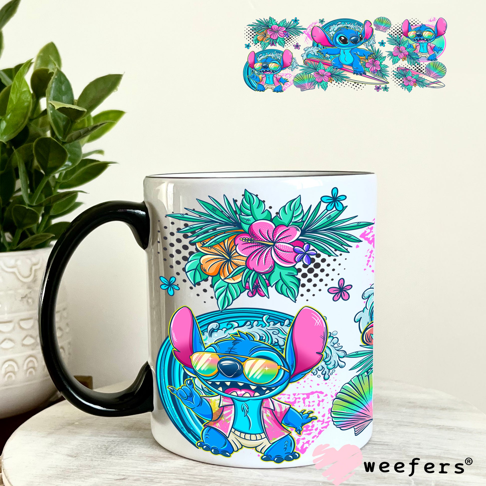 UV DTF Cup Wrap – Surfing Blue Alien 11oz Coffee Mug Weefers