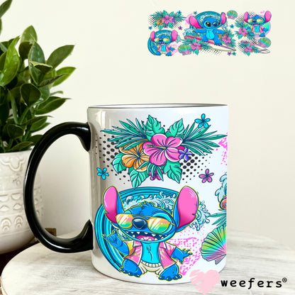UV DTF Cup Wrap – Surfing Blue Alien 11oz Coffee Mug Weefers