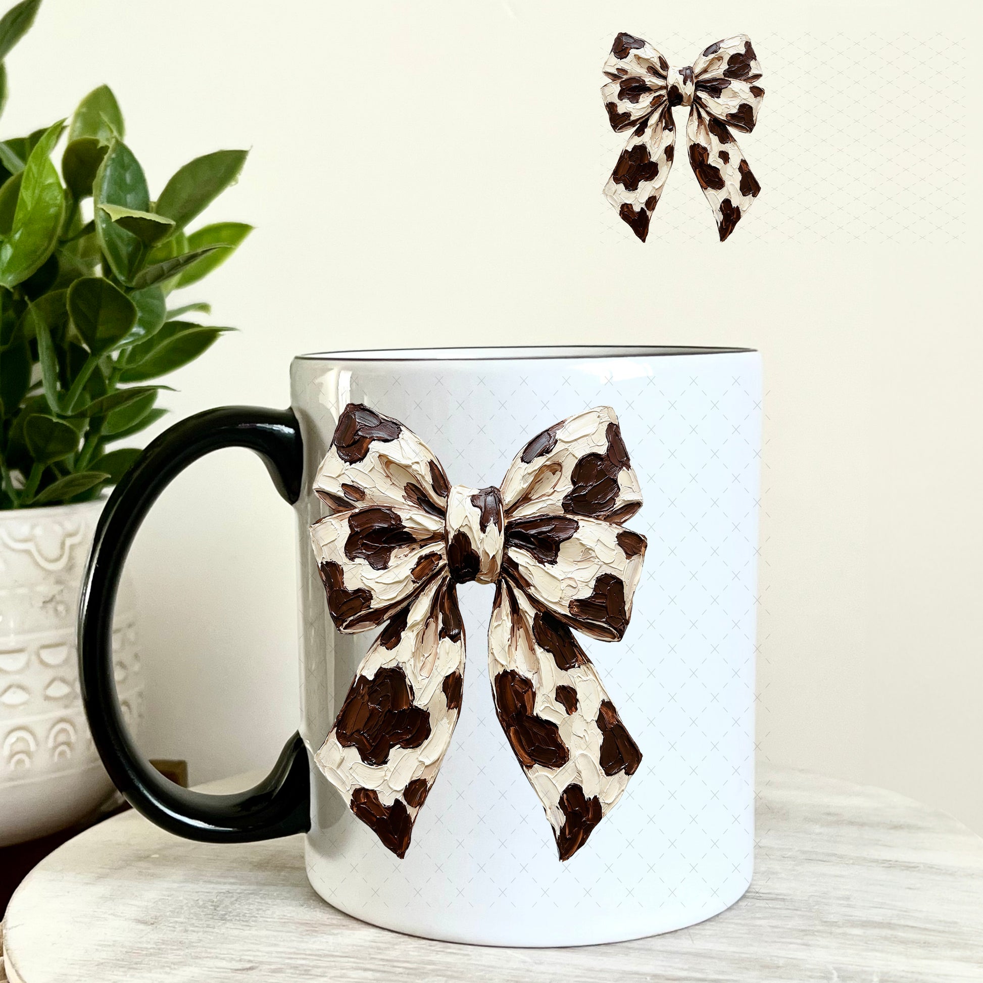 UV DTF Decal - Bow Brown Cow Print 11oz Coffee Mug Weefers