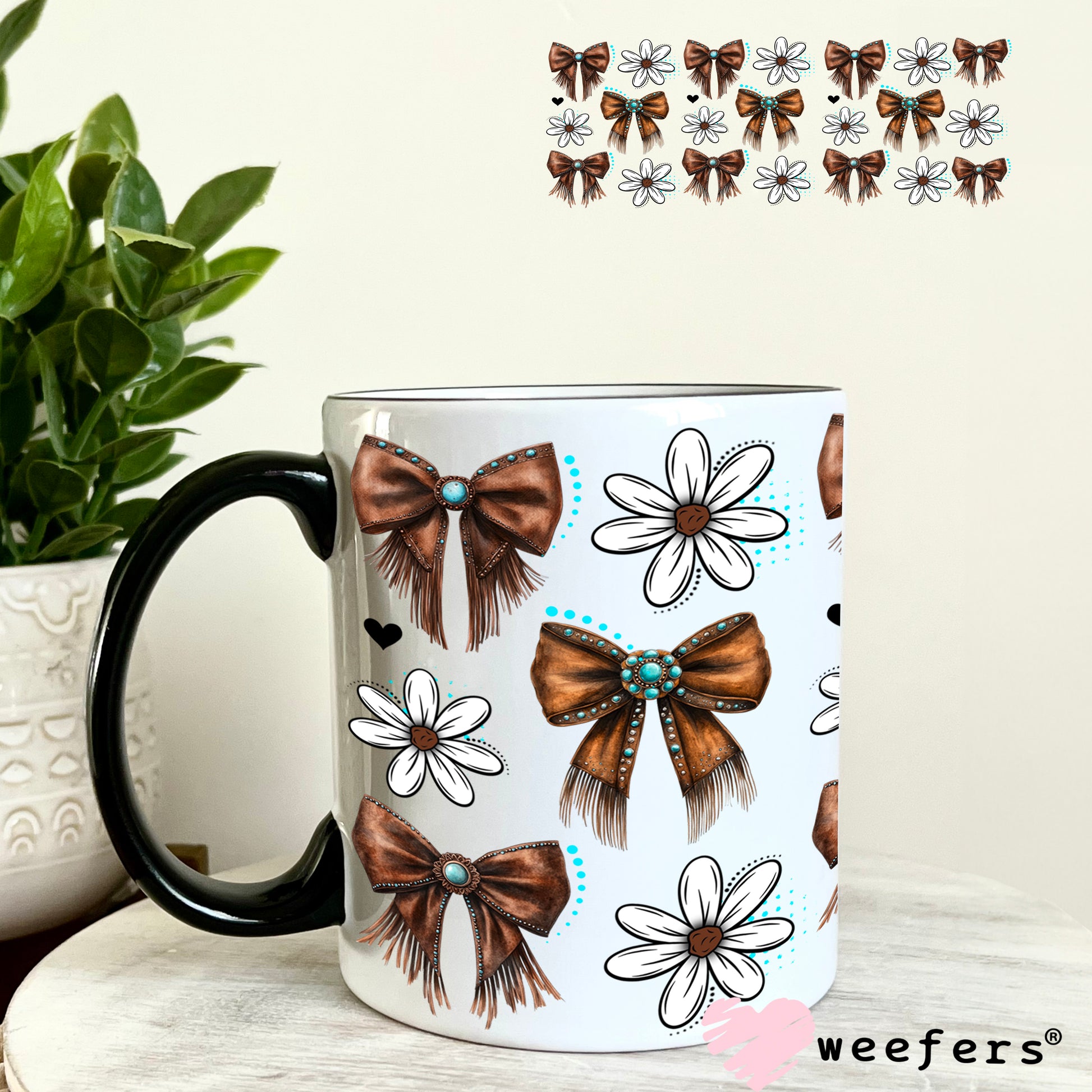 UV DTF Cup Wrap – Western Bows and White Daisies 11oz Coffee Mug Weefers