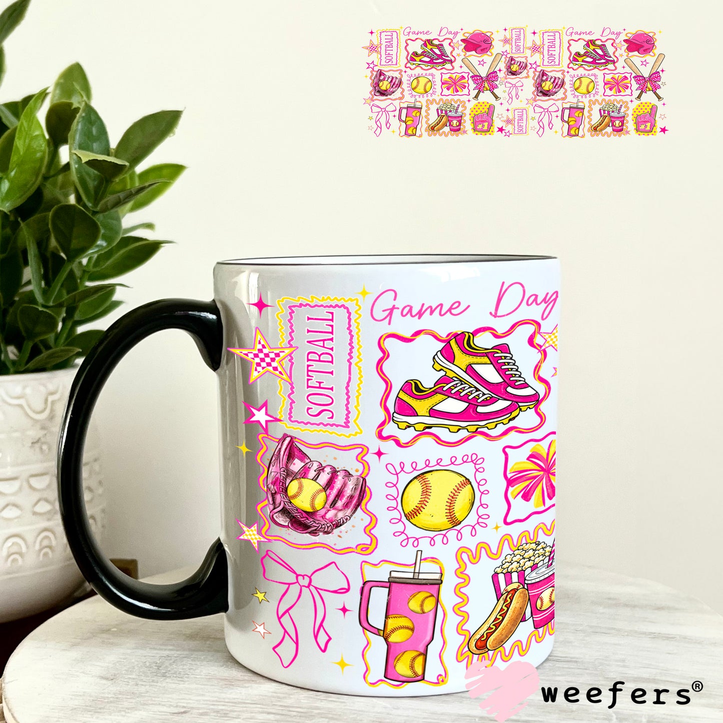 UV DTF Cup Wrap – Softball Pink and Yellow 11oz Coffee Mug Weefers