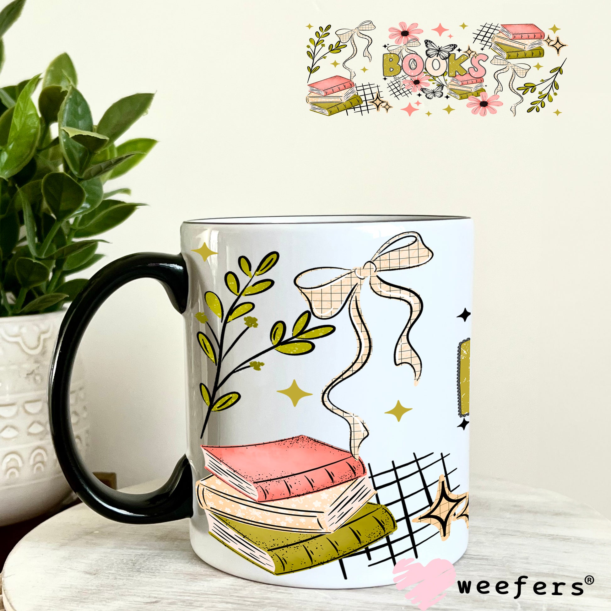 UV DTF Cup Wrap – Books Green and Coral 11oz Coffee Mug Weefers