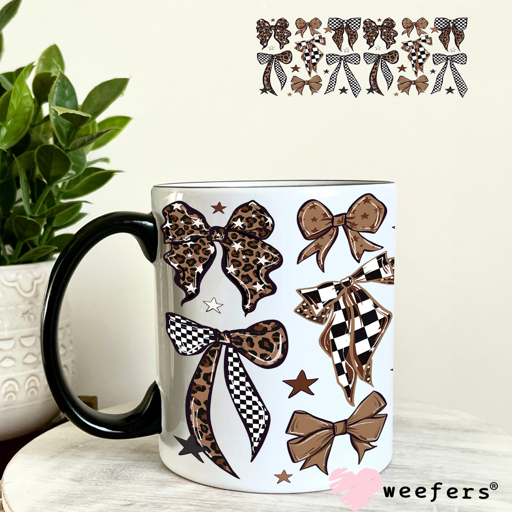 UV DTF Cup Wrap – Brown Leopard Checkered Bows 11oz Coffee Mug Weefers