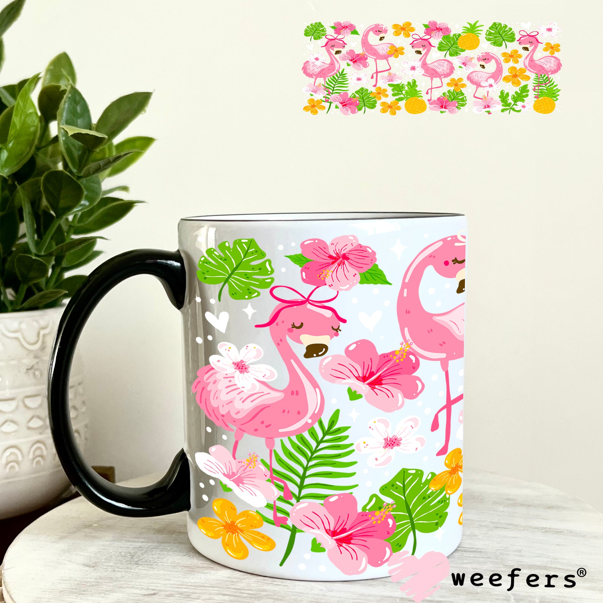UV DTF Cup Wrap – Flamingos and Monstera Leaves 11oz Coffee Mug Weefers