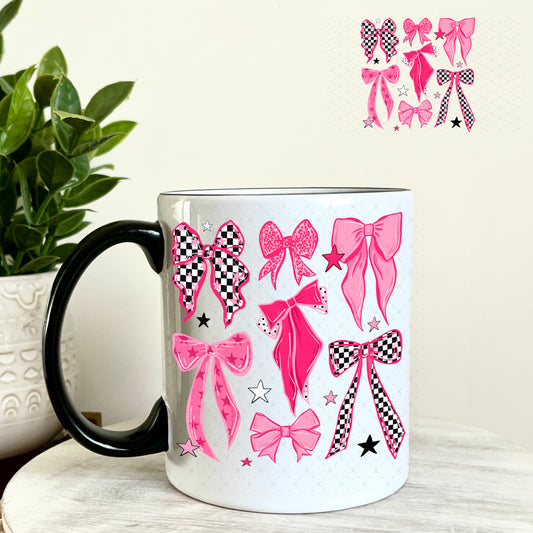 UV DTF Decal - Pink Checkered Bows 11oz Coffee Mug Weefers