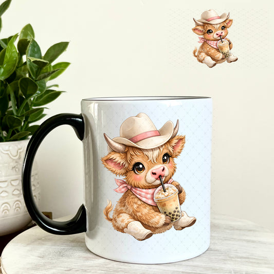 UV DTF Decal - Brown Cowgirl Cow Boba 11oz Coffee Mug Weefers