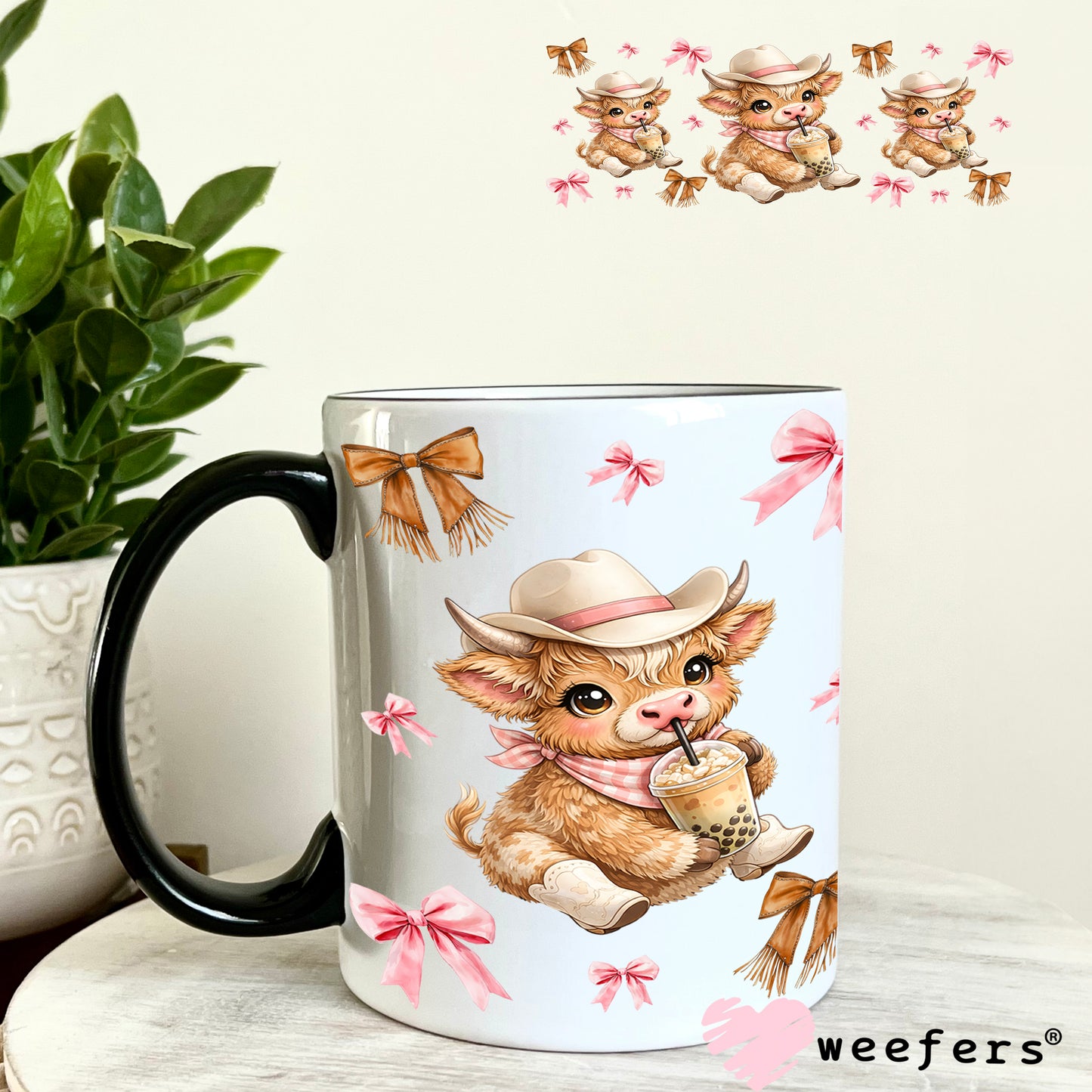 UV DTF Cup Wrap – Brown Cowgirl Highland Cow Boba - Weefers Exclusive 11oz Coffee Mug Weefers
