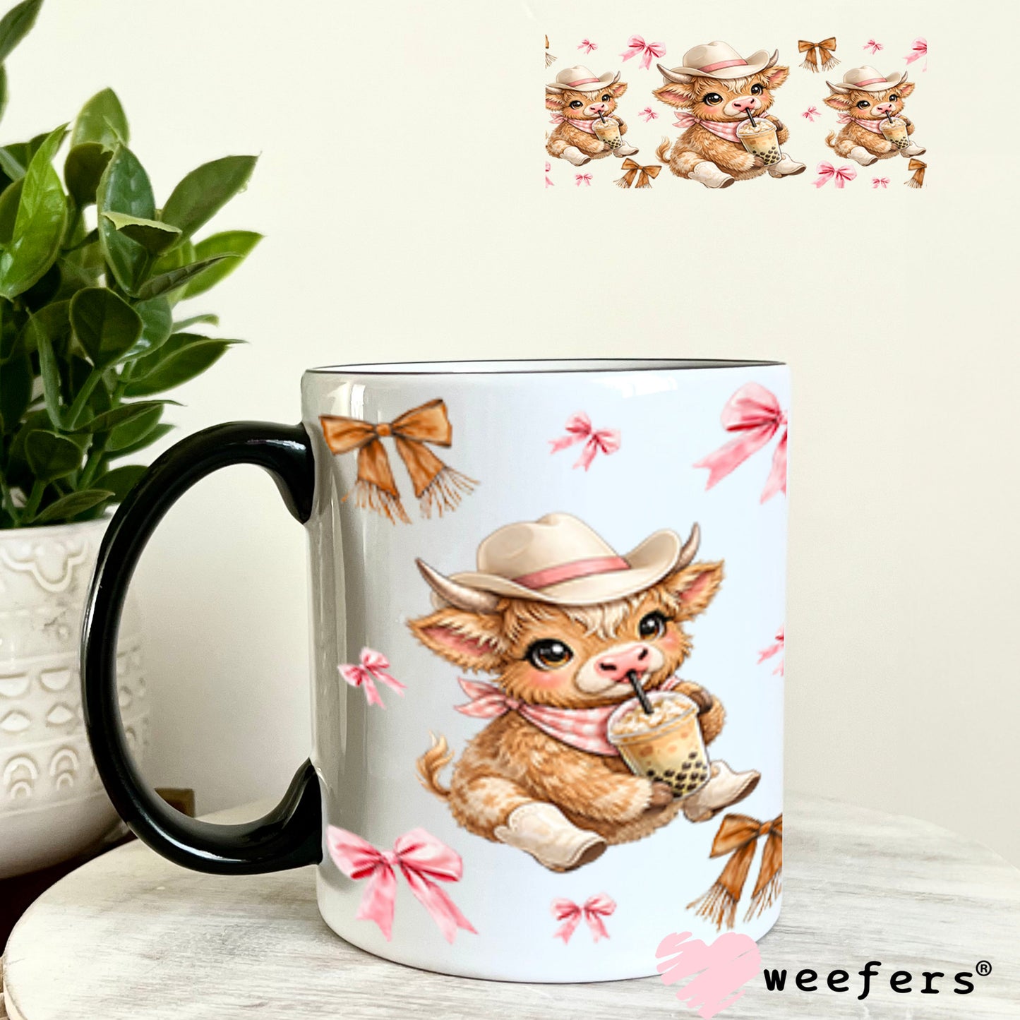 UV DTF Cup Wrap – Brown Cowgirl Highland Cow Boba - Weefers Exclusive 11oz Coffee Mug Cup Wrap Weefers