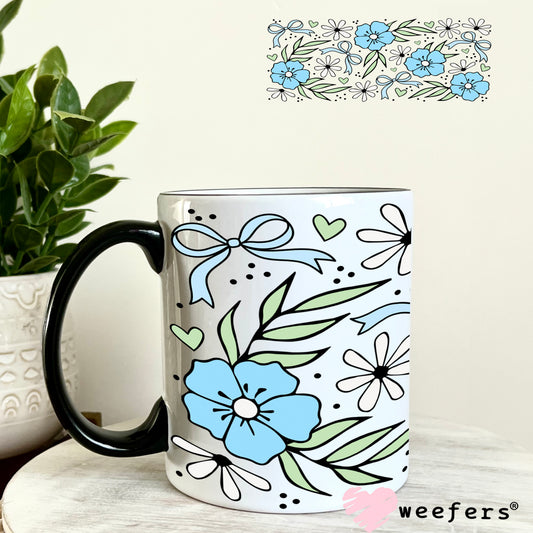 UV DTF Cup Wrap – Blue Flowers Coquette Bows 11oz Coffee Mug Weefers