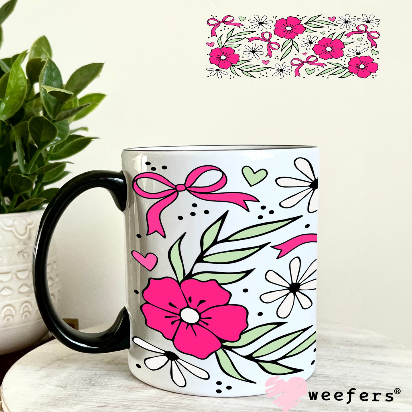 UV DTF Cup Wrap – Magenta Flowers Coquette Bows 11oz Coffee Mug Weefers