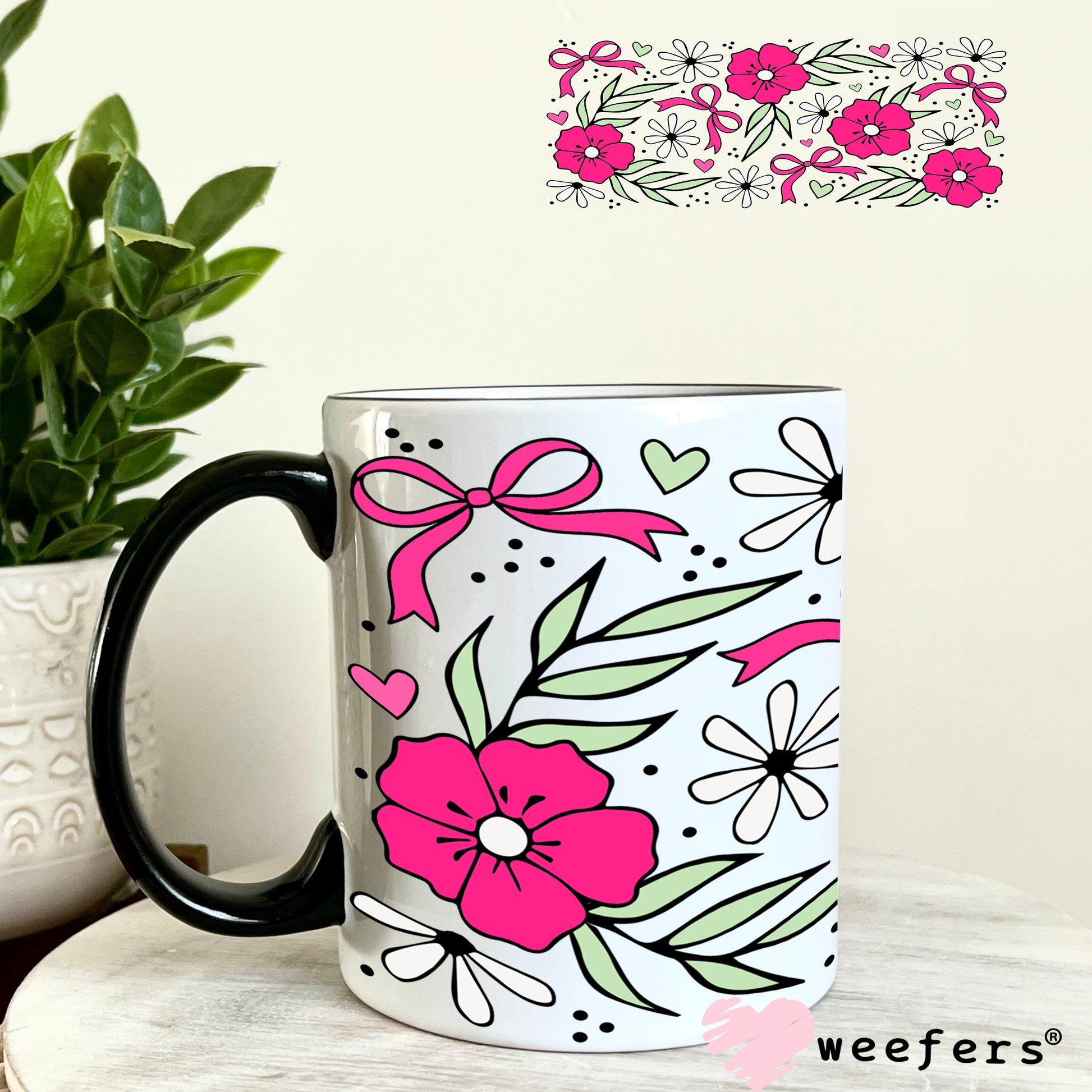 UV DTF Cup Wrap – Magenta Flowers Coquette Bows 11oz Coffee Mug Weefers