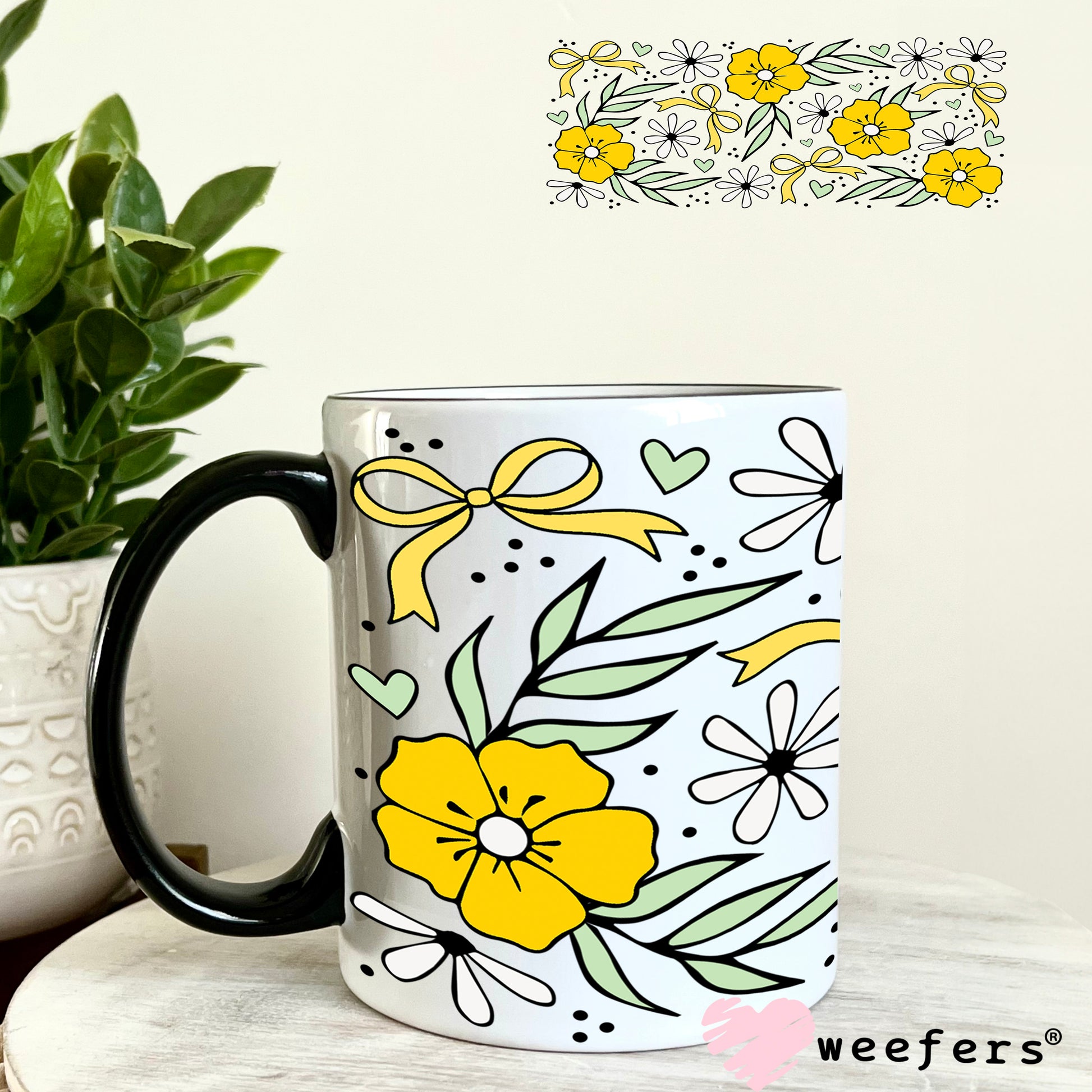 UV DTF Cup Wrap – Yellow Flowers Coquette Bows 11oz Coffee Mug Weefers