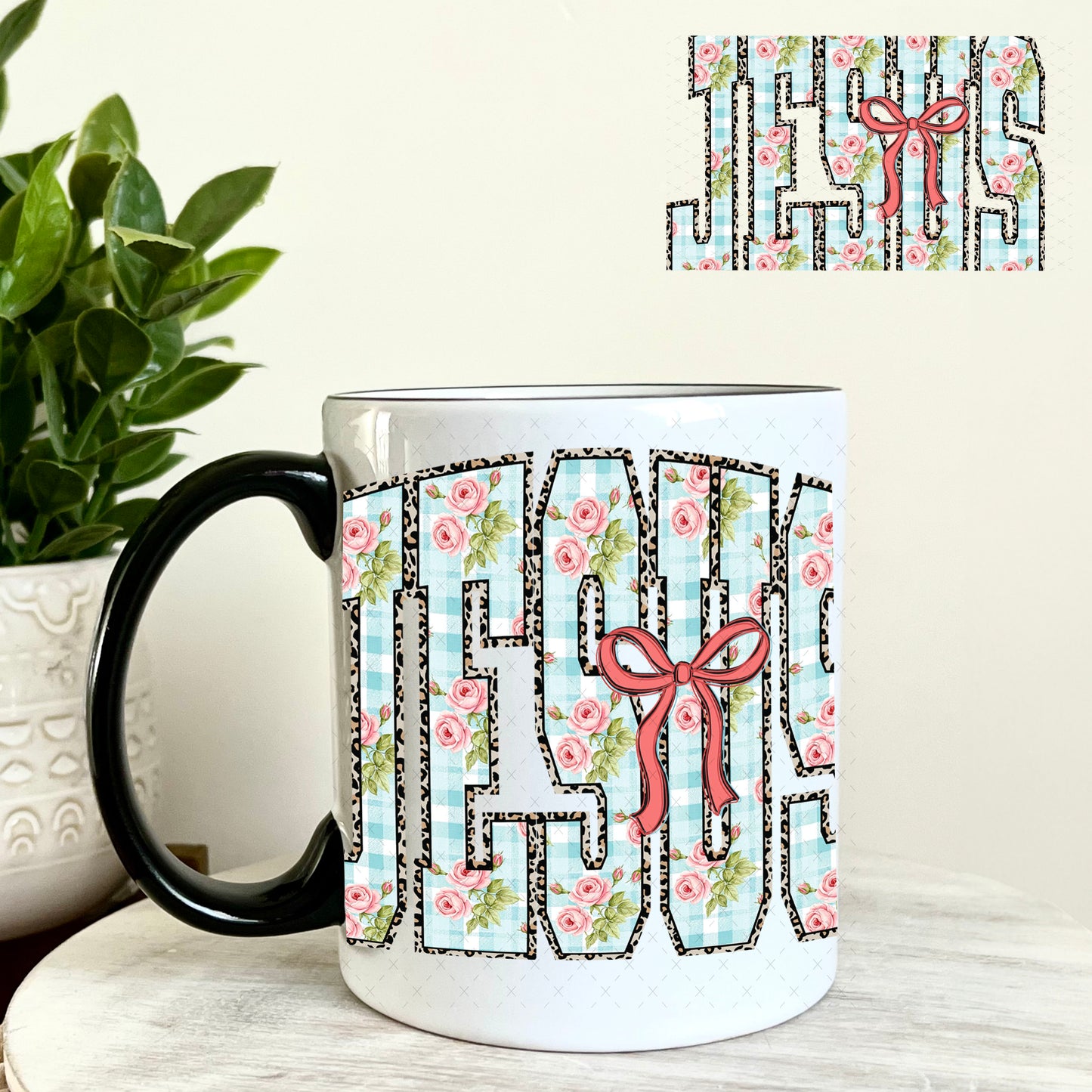 UV DTF Decal - Jesus Coquette Bow and Paisley 11oz Coffee Mug Weefers
