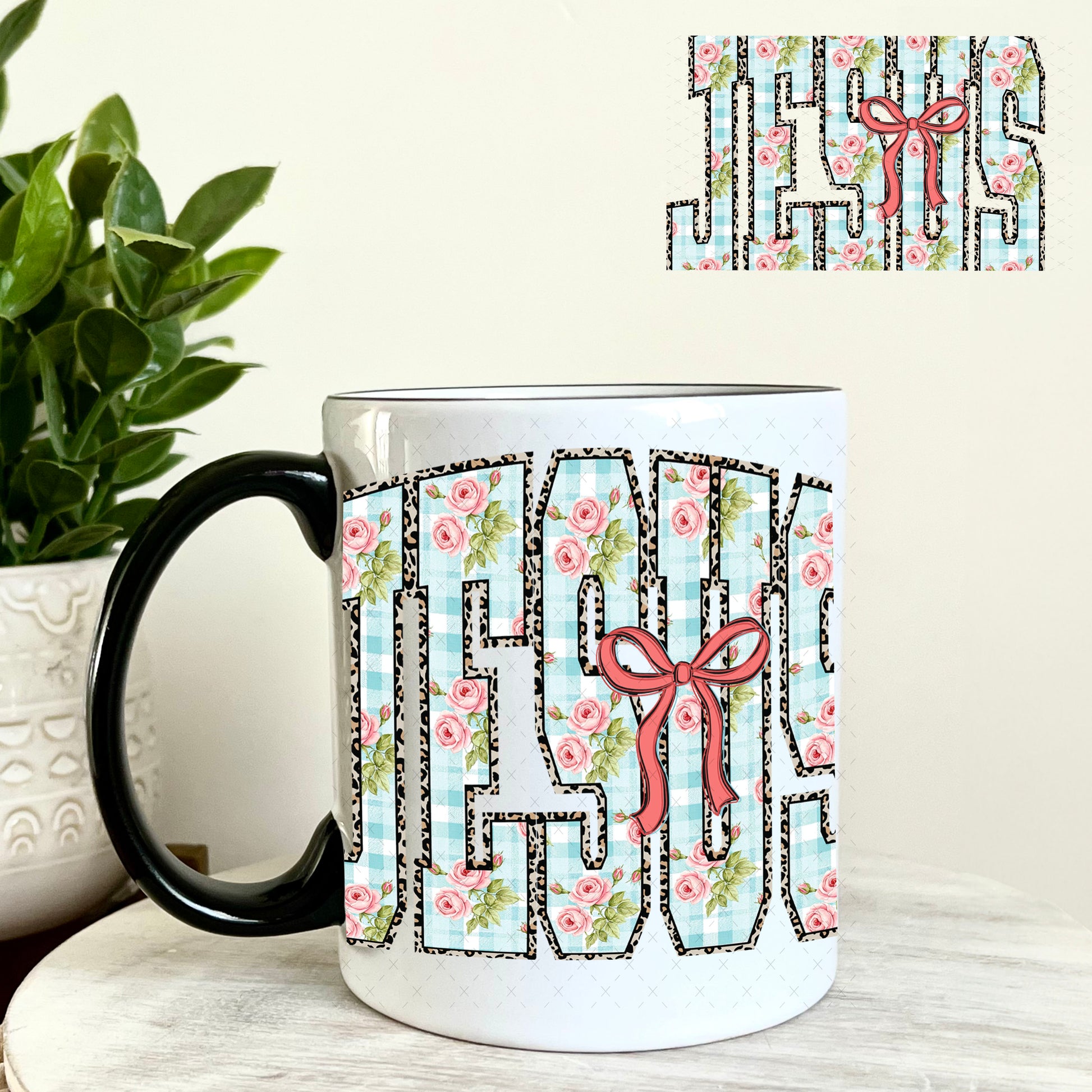 UV DTF Decal - Jesus Coquette Bow and Paisley 11oz Coffee Mug Weefers