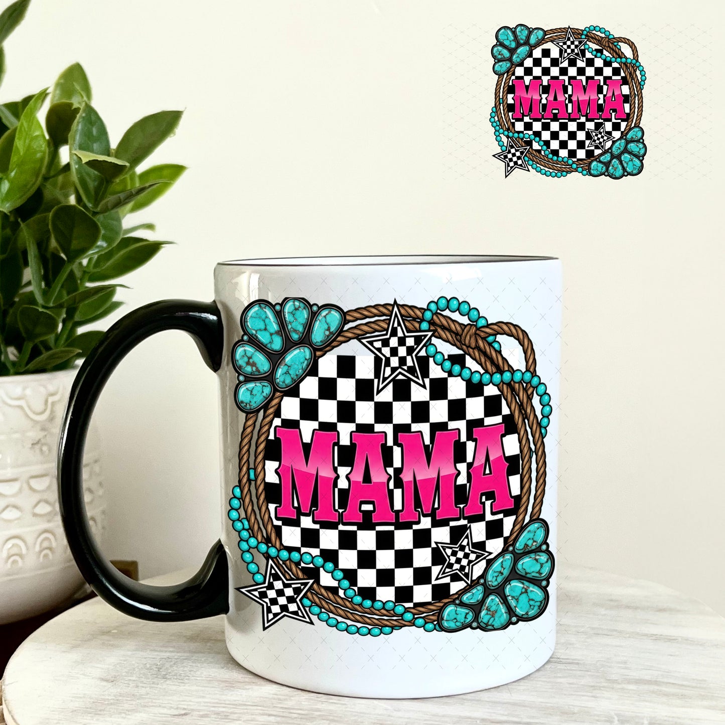 UV DTF Decal - Mama Western Jewels Checkered 11oz Coffee Mug Weefers