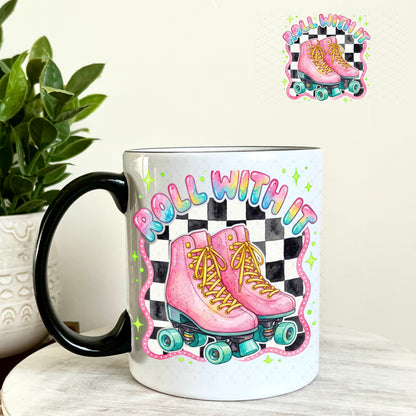 UV DTF Decal - Roll With It Light Pink Blue Skates 11oz Coffee Mug Weefers