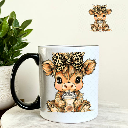 UV DTF Decal - Cutie Cow Leopard Bow Iced Coffee 11oz Coffee Mug Weefers