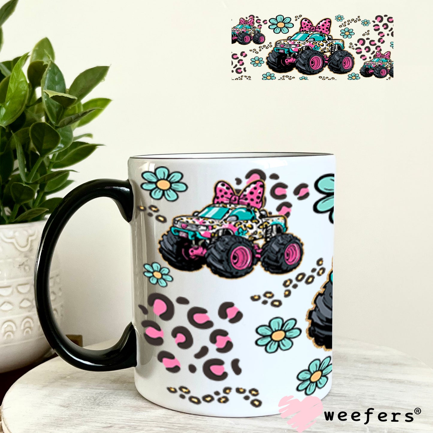 UV DTF Cup Wrap – Girly Leopard Monster Truck - Weefers Exclusive 11oz Coffee Mug Weefers
