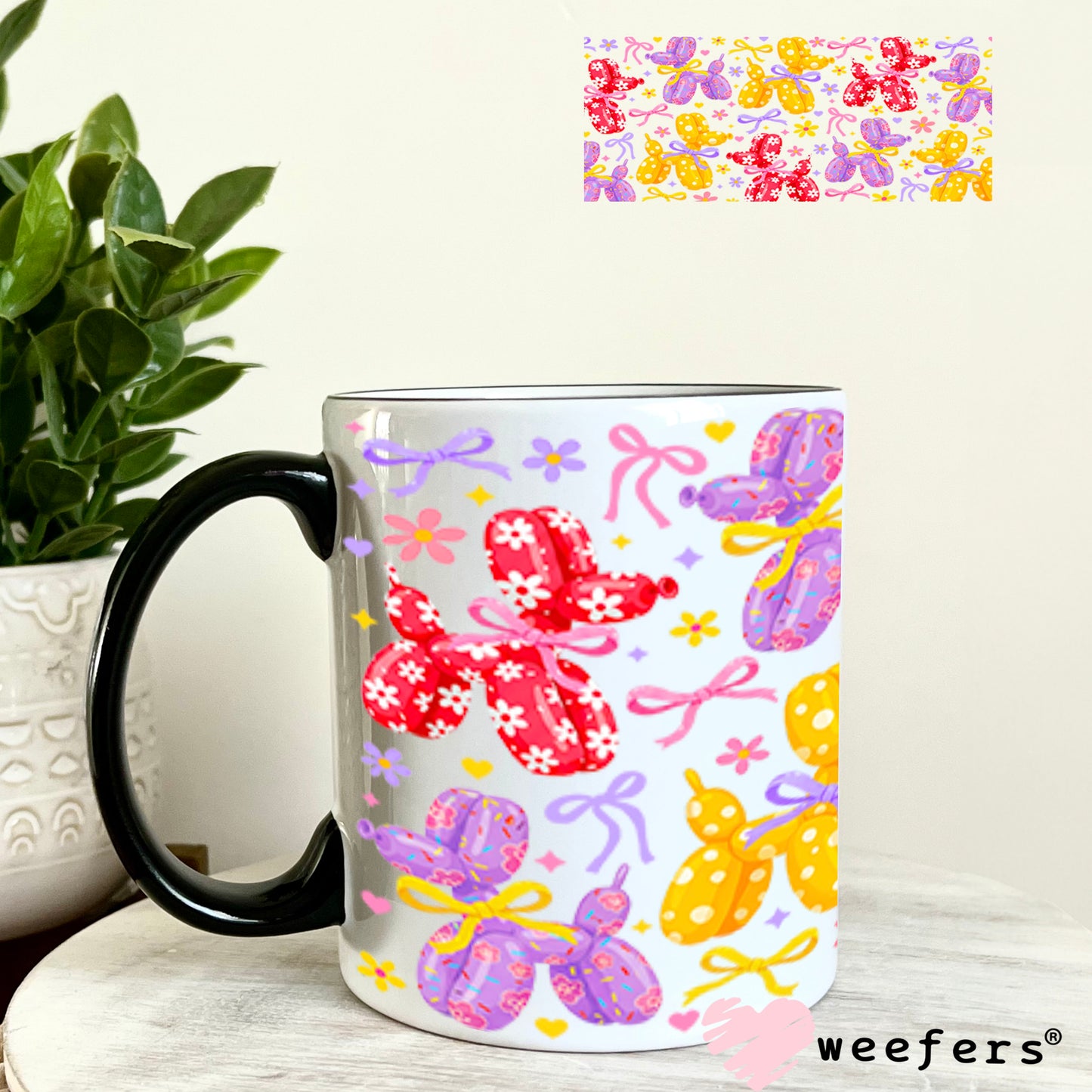 UV DTF Cup Wrap – Purple Yellow Red Dog Balloons 11oz Coffee Mug Weefers